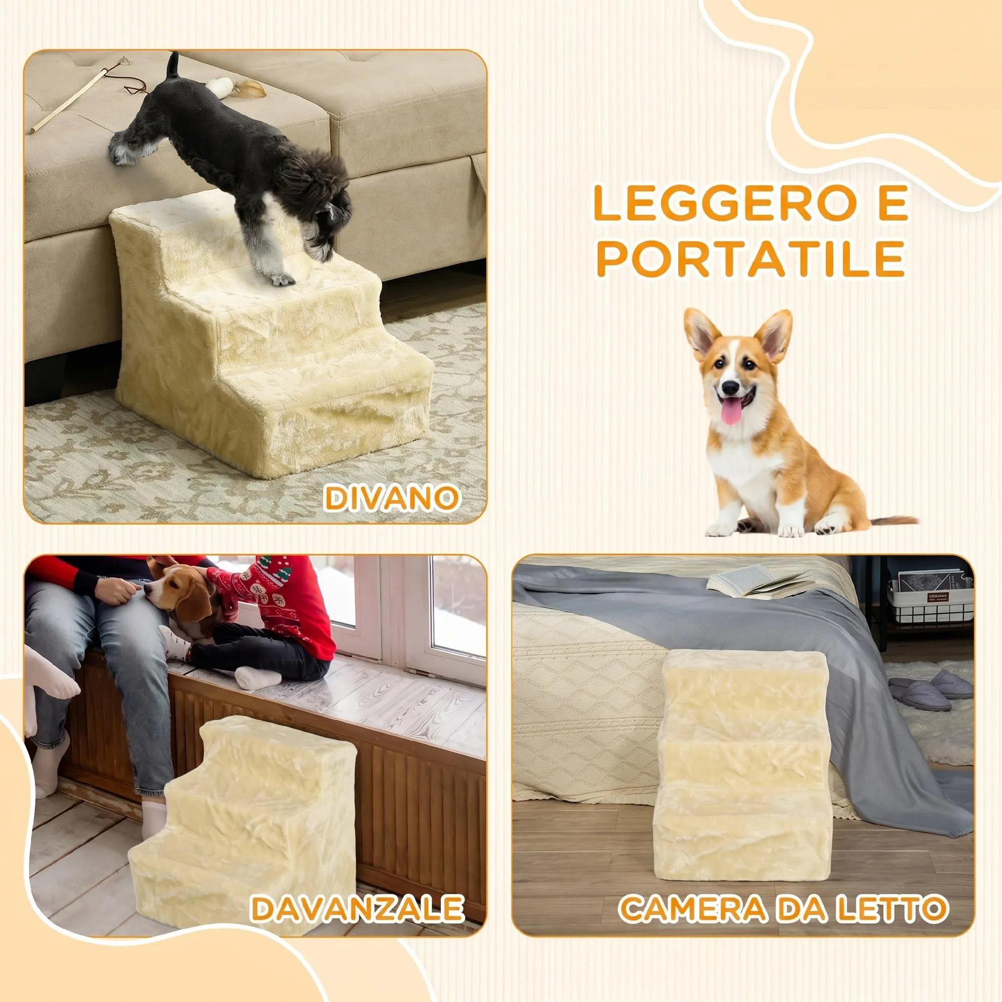 PawHut Scala per Cani e Gatti a 3 Gradini, 46x35x35 cm, Beige - immagine 7