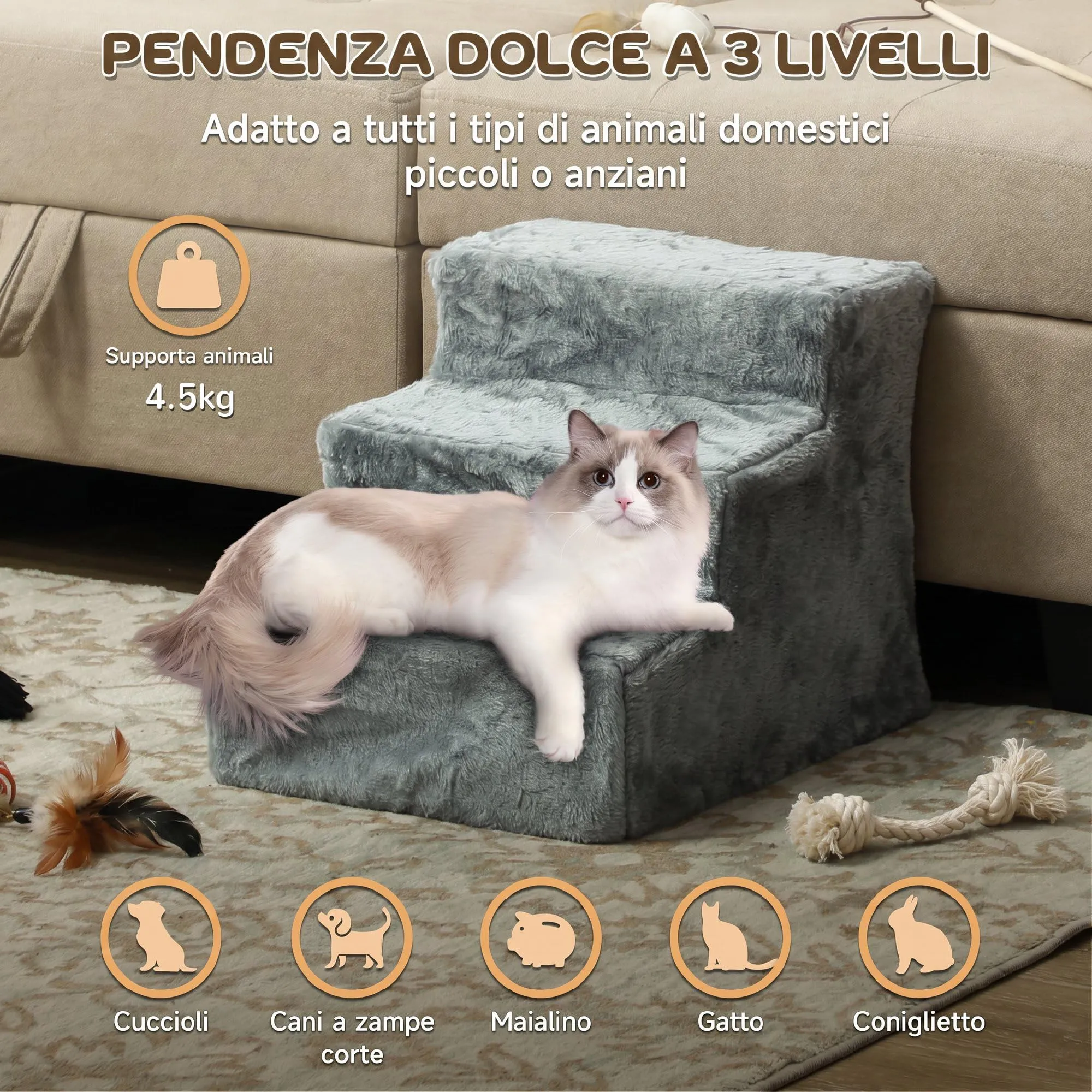 PawHut Scala per Cani e Gatti a 3 Gradini, 46x35x35 cm, Grigio Chiaro - immagine 4