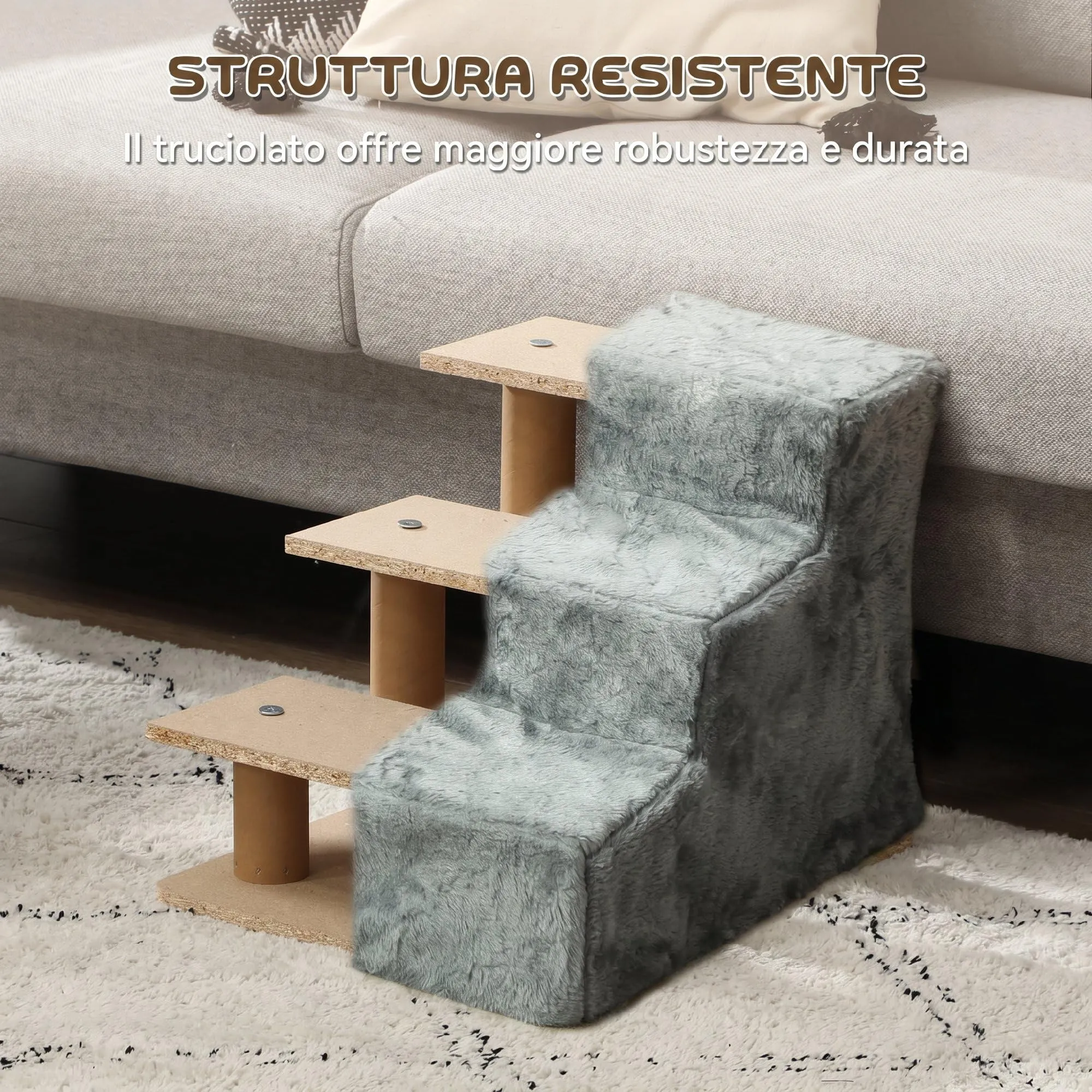 PawHut Scala per Cani e Gatti a 3 Gradini, 46x35x35 cm, Grigio Chiaro - immagine 6