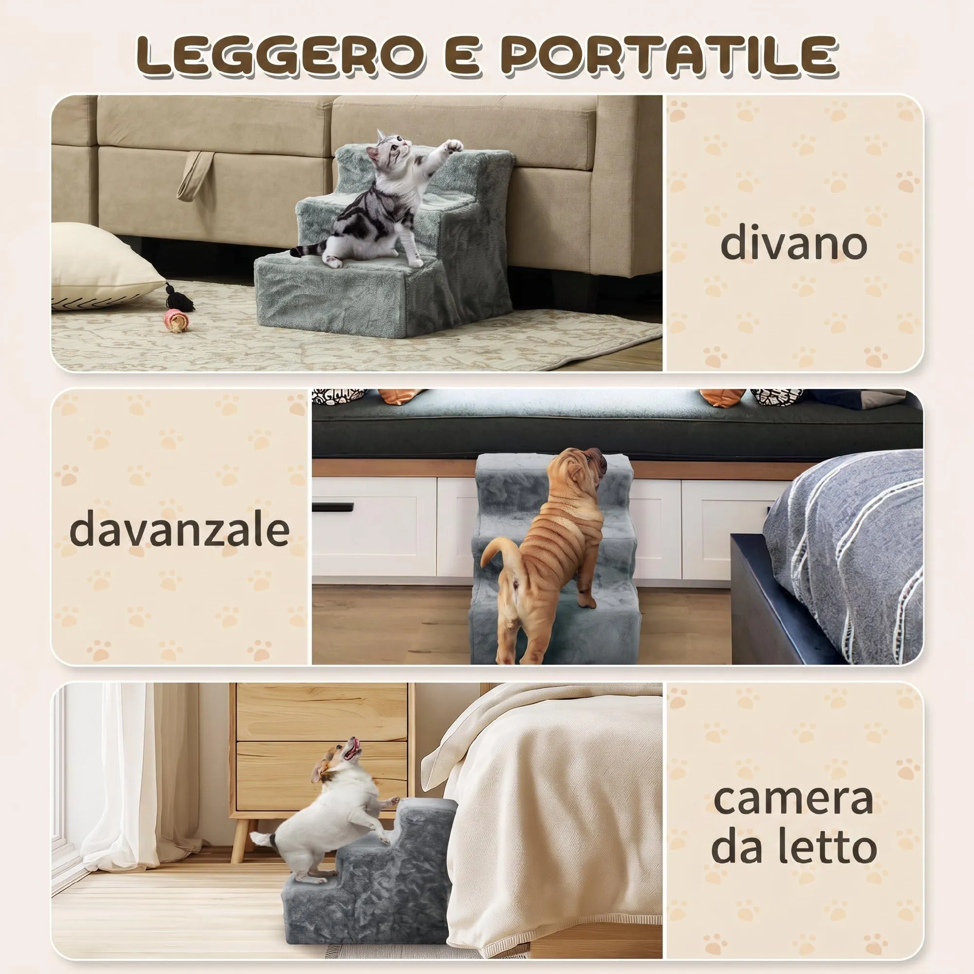 PawHut Scala per Cani e Gatti a 3 Gradini, 46x35x35 cm, Grigio Chiaro - immagine 7
