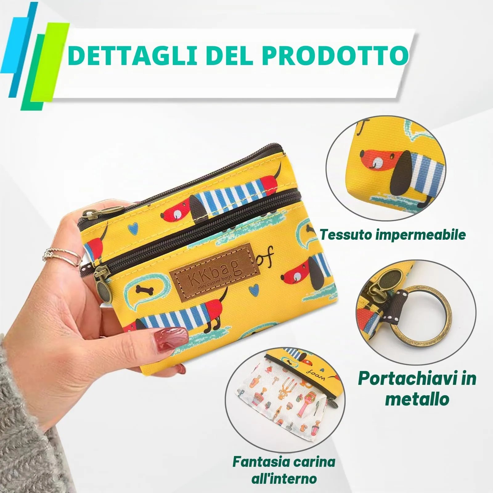 WisePoint Porta Monete Impermeabile Mini Portafoglio con Cerniera e Portachiavi (Giallo) - immagine 3