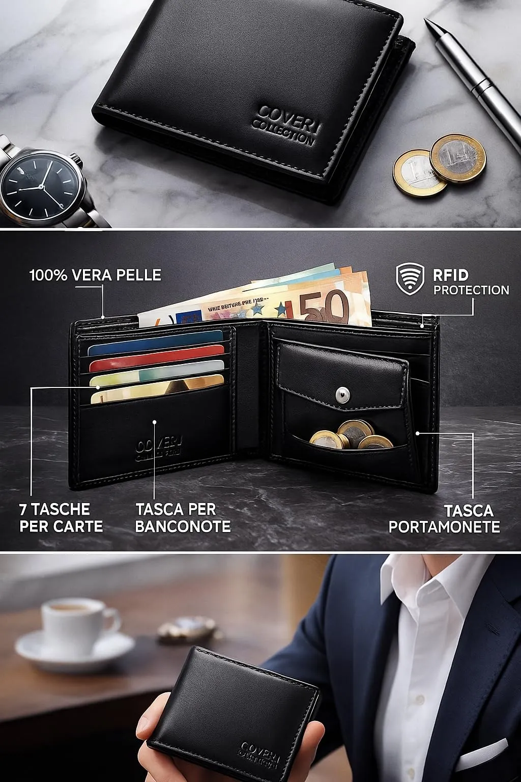 Coveri Collection Portafoglio Uomo in Vera Pelle con Protezione RFID, Nero - immagine 2