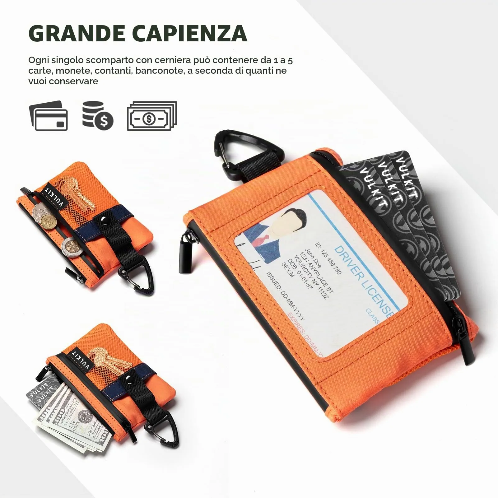 VULKIT Portafogli Minimalistico con Finestra Identificativa e Blocco RFID, Impermeabile con Cerniera (Arancia) - immagine 2