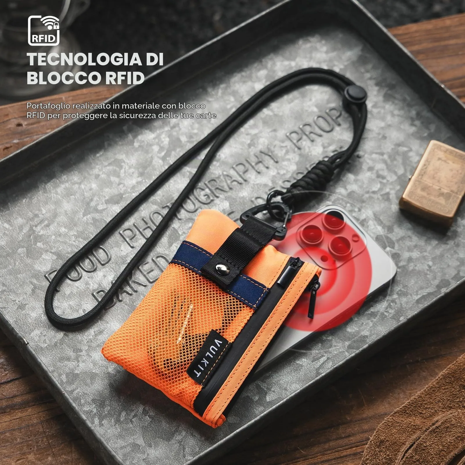 VULKIT Portafogli Minimalistico con Finestra Identificativa e Blocco RFID, Impermeabile con Cerniera (Arancia) - immagine 7