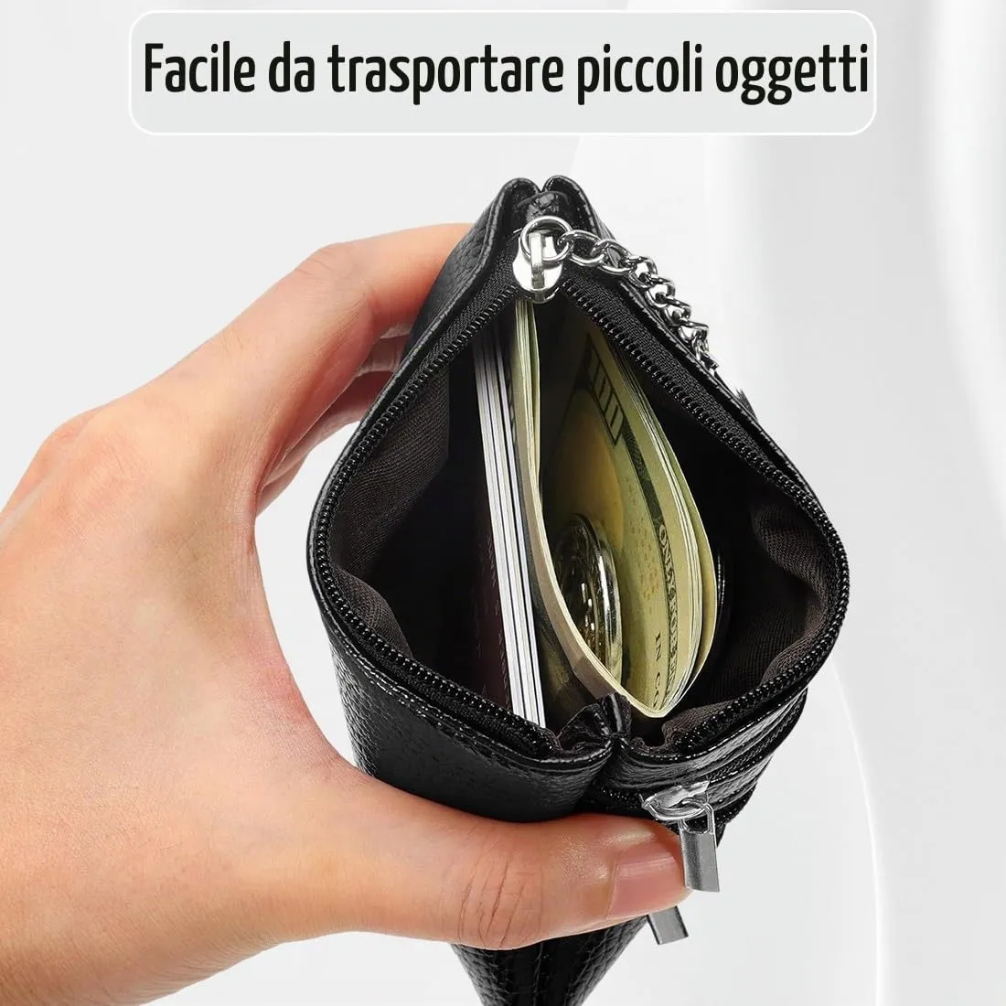 XENQITO Portamonete in Pelle con 3 Scomparti e Portachiavi, Nero - immagine 4