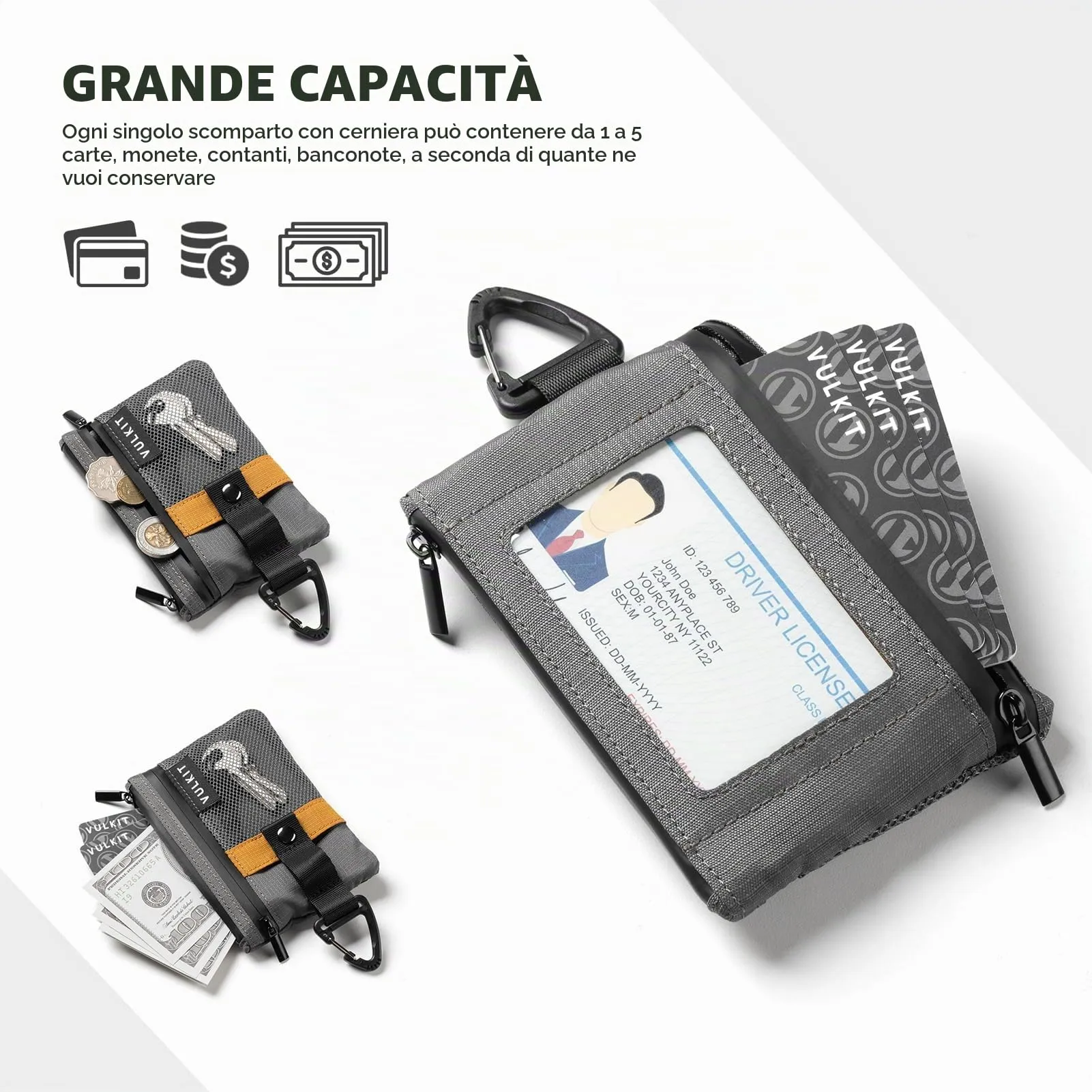 VULKIT Portafoglio Minimalistico RFID in Nylon con Finestra Identificativa e Cerniera, Grigio - immagine 5
