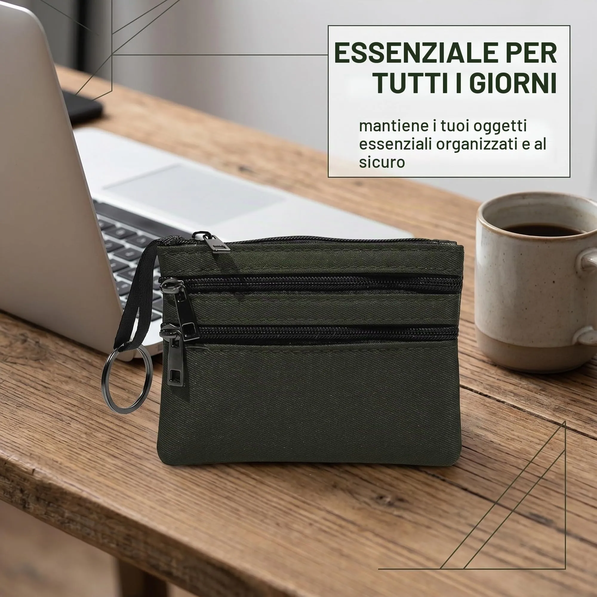 XENQITO Portamonete Uomo in Nylon con Chiusura Lampo e Portachiavi, Portafoglio Tattico Mini Borsa (Verde) - immagine 2
