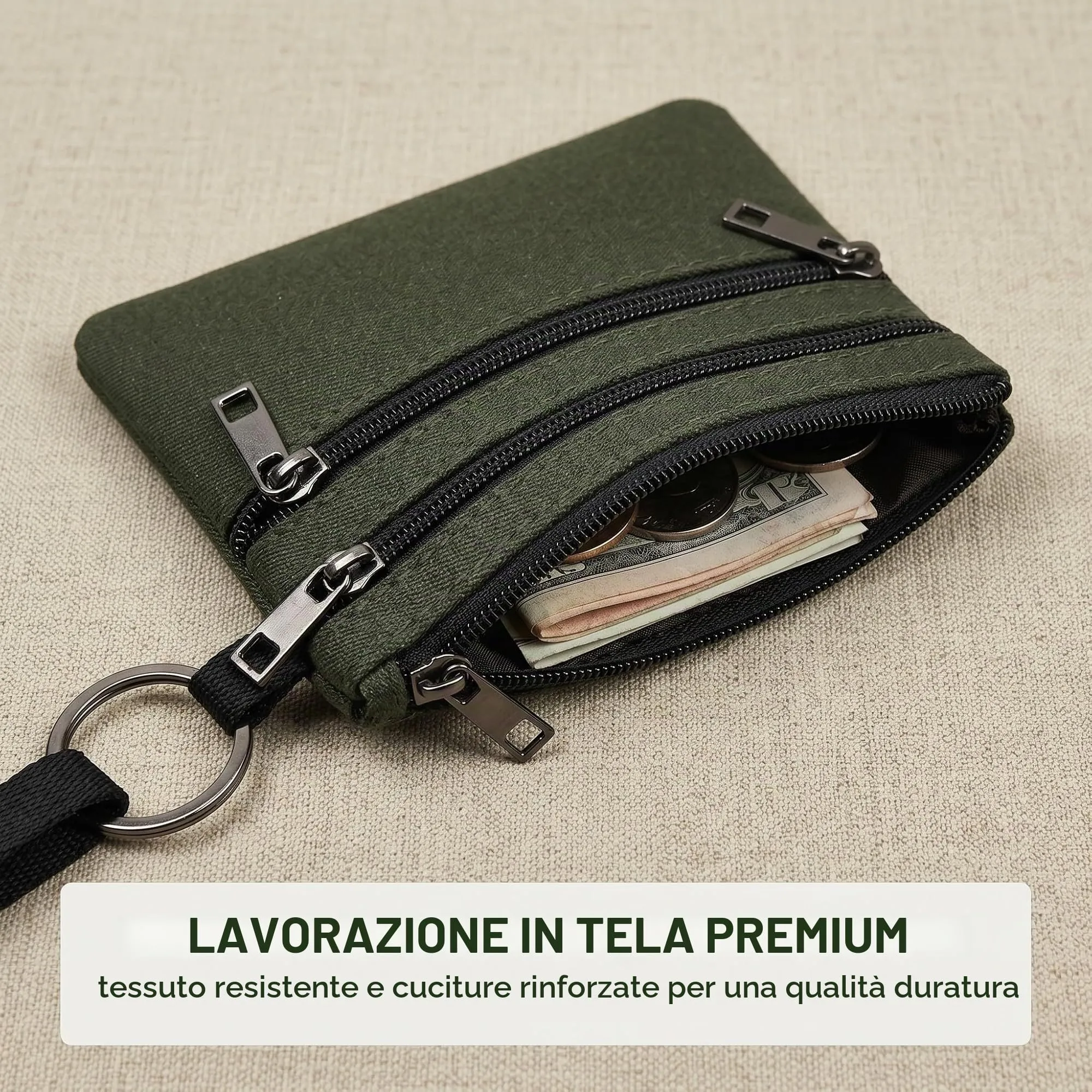 XENQITO Portamonete Uomo in Nylon con Chiusura Lampo e Portachiavi, Portafoglio Tattico Mini Borsa (Verde) - immagine 4