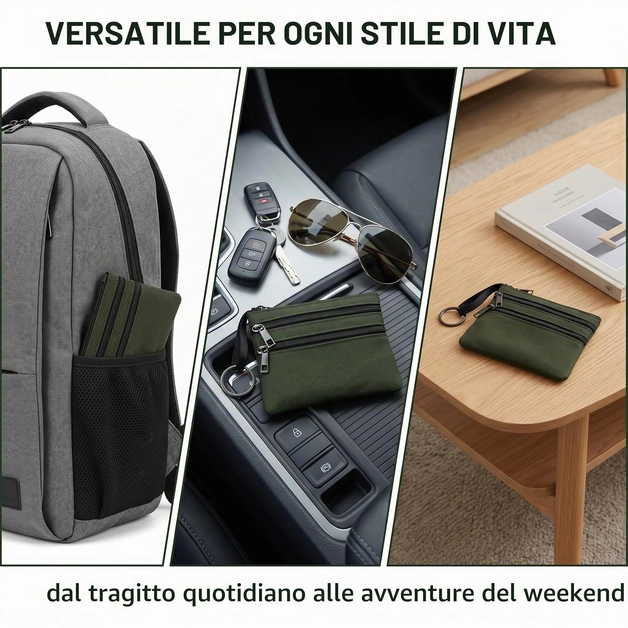 XENQITO Portamonete Uomo in Nylon con Chiusura Lampo e Portachiavi, Portafoglio Tattico Mini Borsa (Verde) - immagine 5