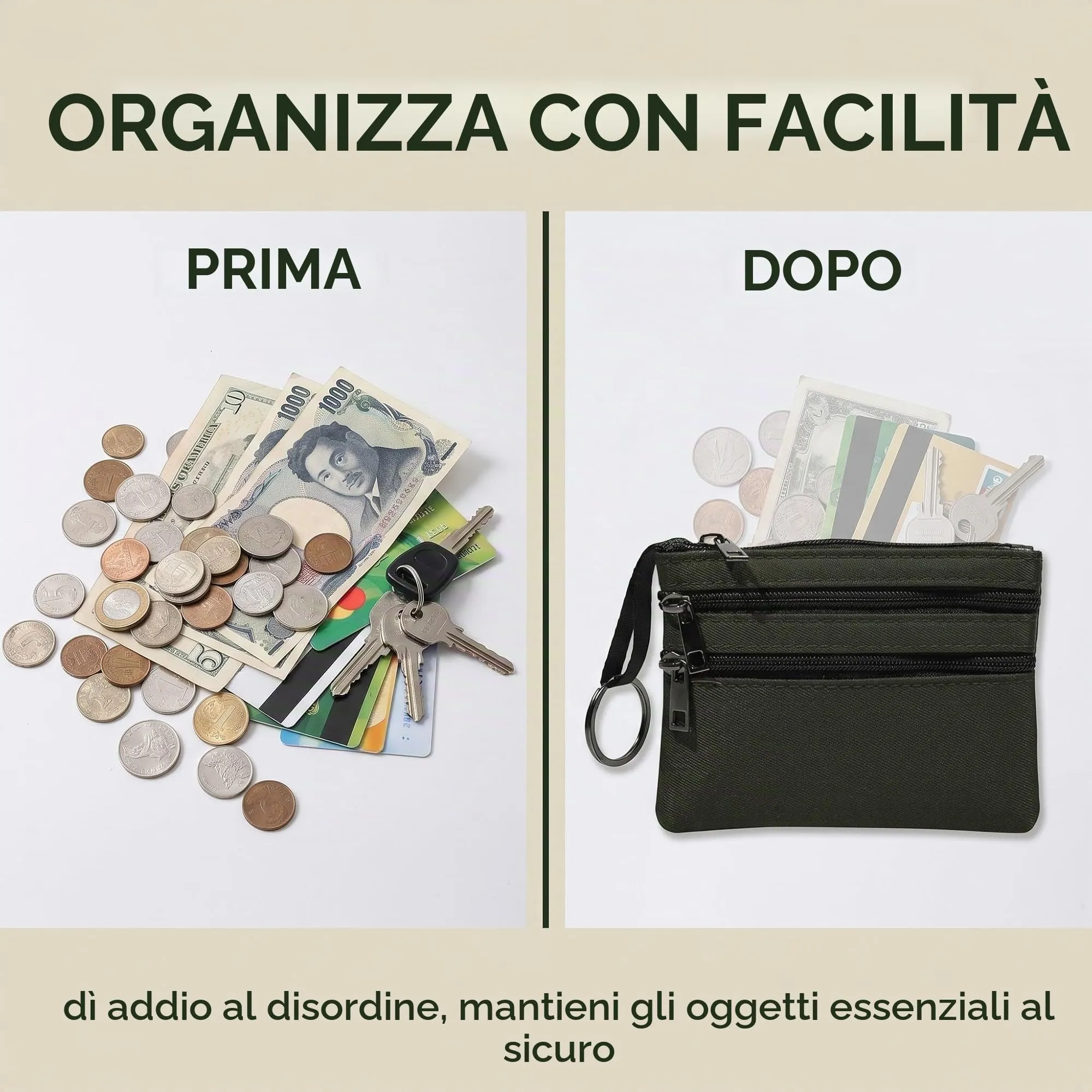 XENQITO Portamonete Uomo in Nylon con Chiusura Lampo e Portachiavi, Portafoglio Tattico Mini Borsa (Verde) - immagine 6