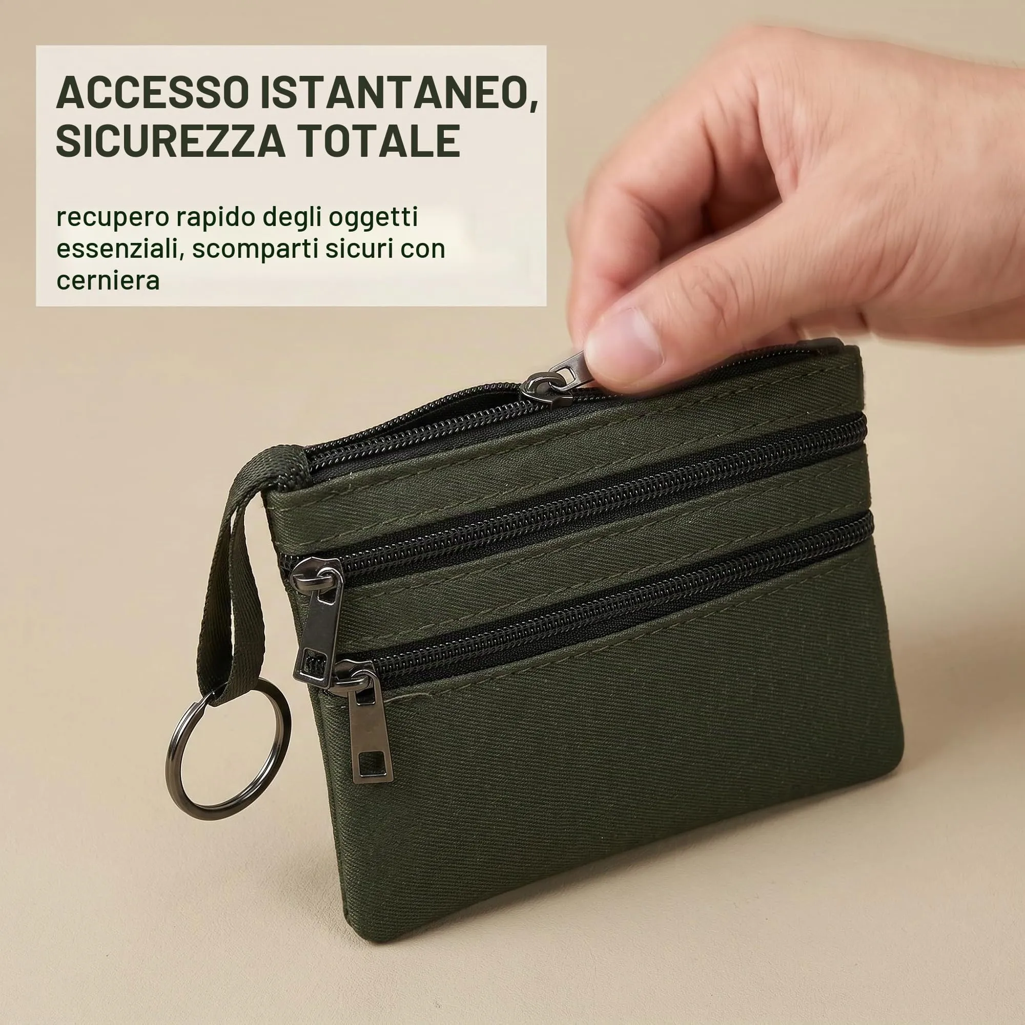 XENQITO Portamonete Uomo in Nylon con Chiusura Lampo e Portachiavi, Portafoglio Tattico Mini Borsa (Verde) - immagine 7