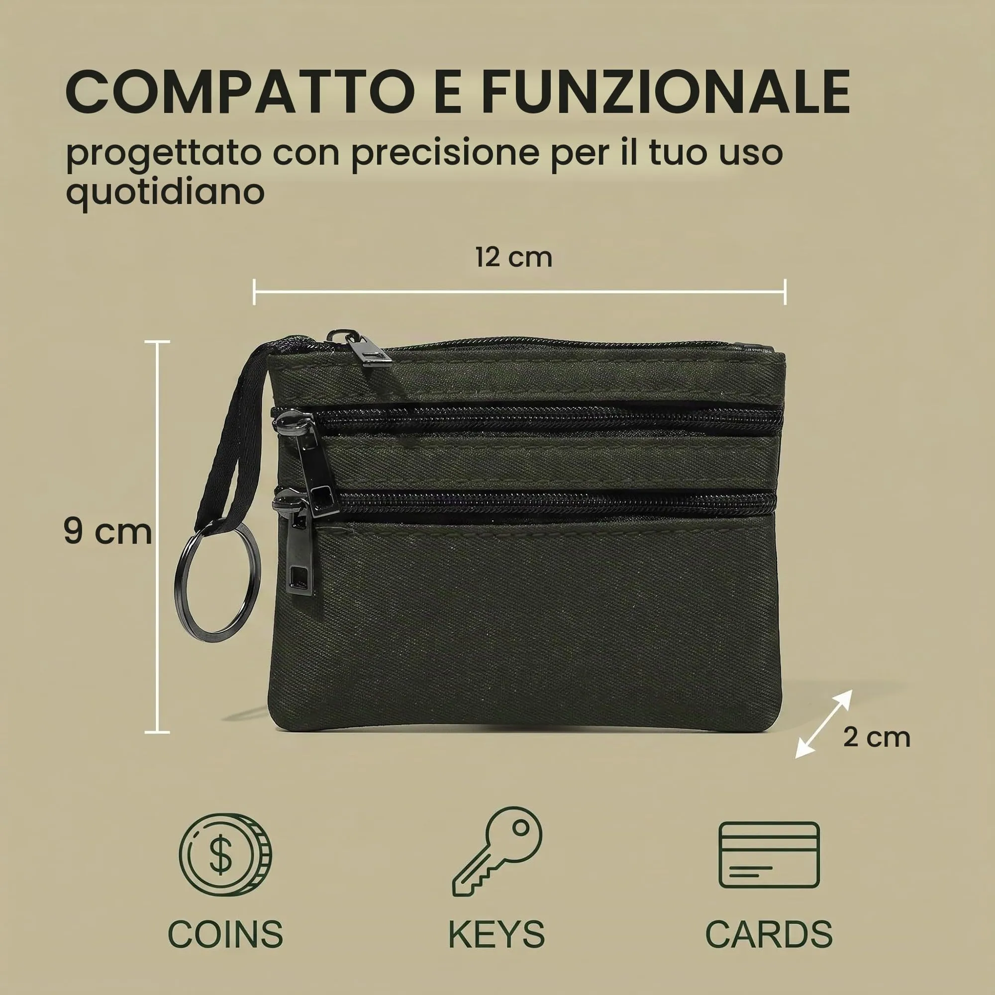 XENQITO Portamonete Uomo in Nylon con Chiusura Lampo e Portachiavi, Portafoglio Tattico Mini Borsa (Verde) - immagine 8