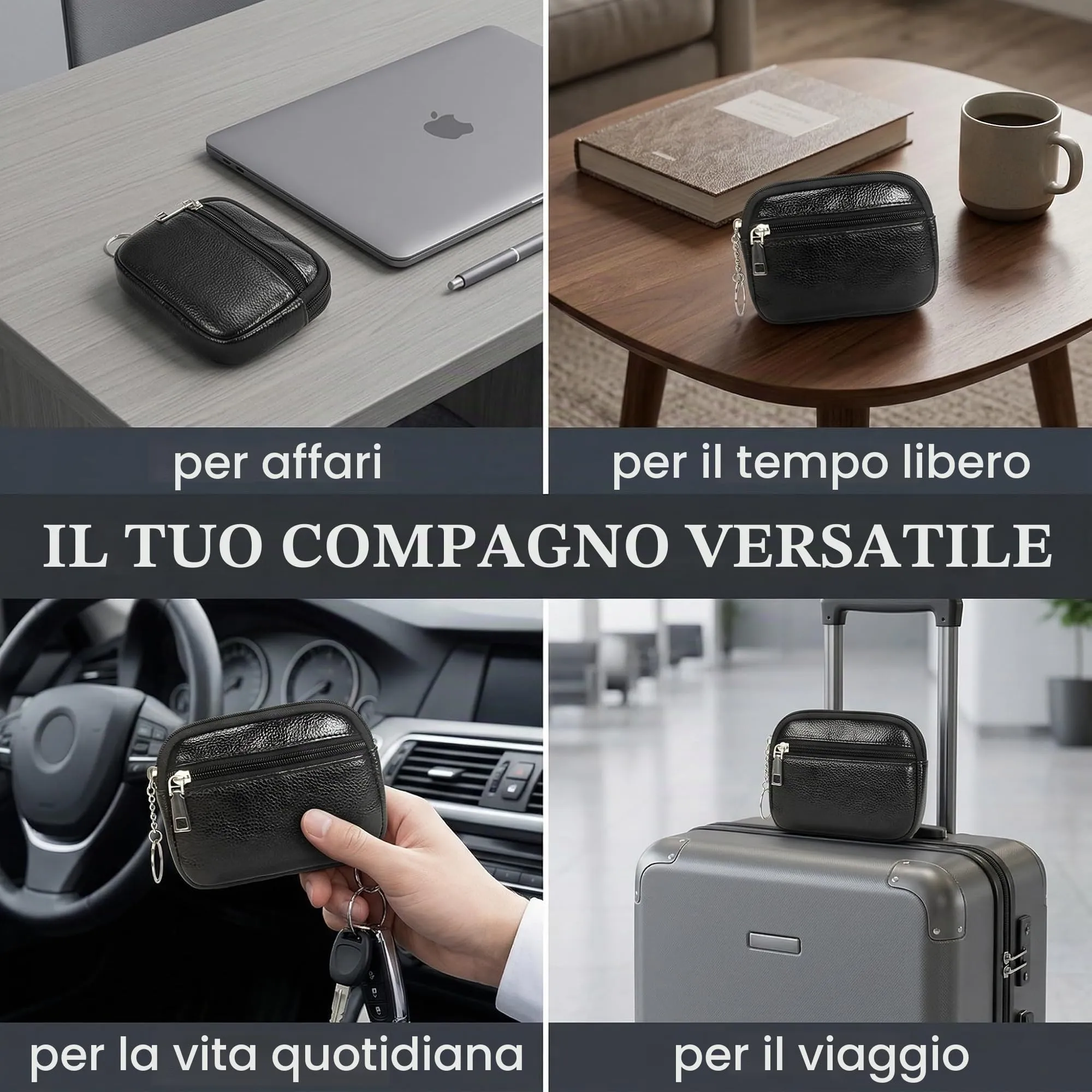 XENQITO Portamonete Uomo Piccolo con Cerniera e Moschettone, Nero - immagine 4