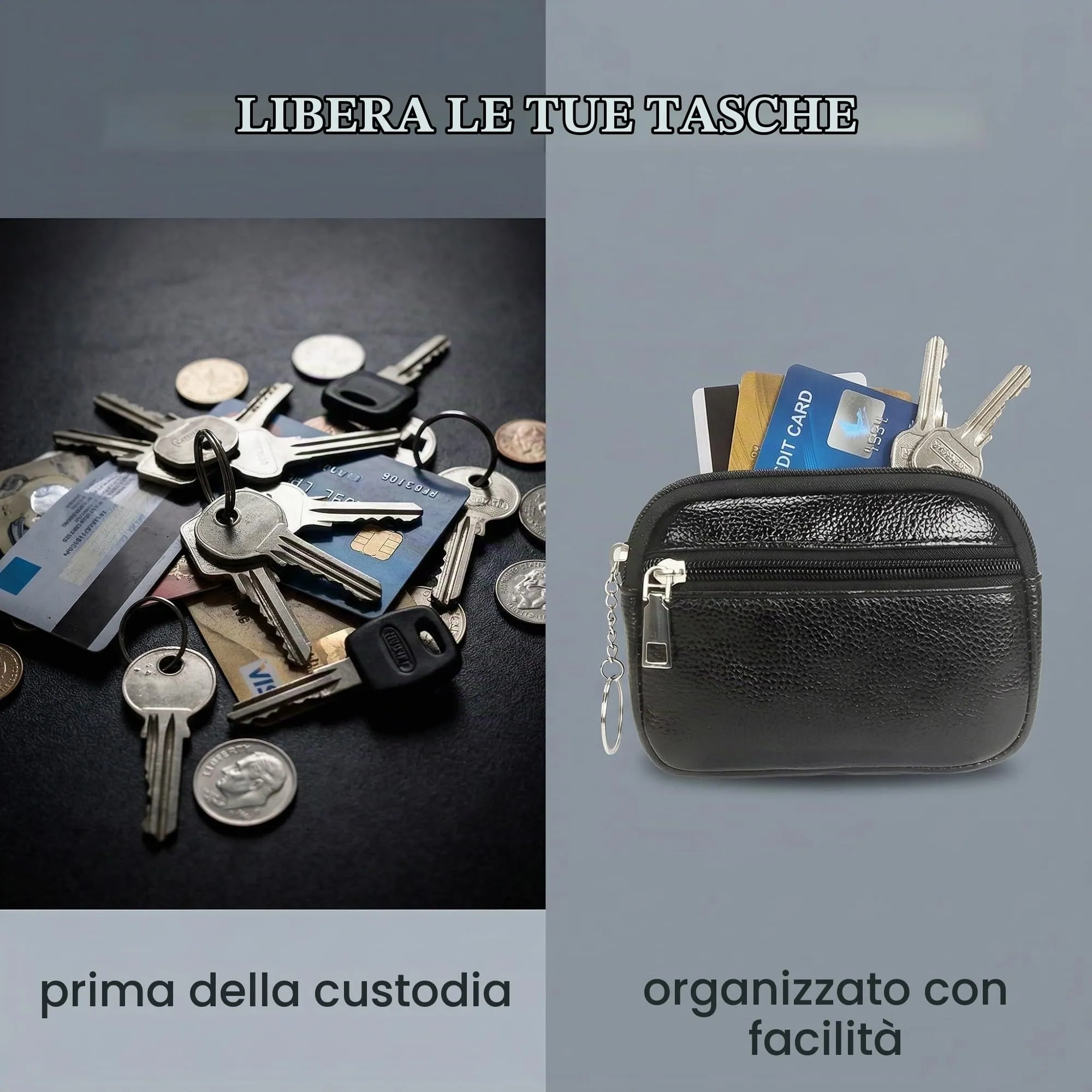 XENQITO Portamonete Uomo Piccolo con Cerniera e Moschettone, Nero - immagine 5