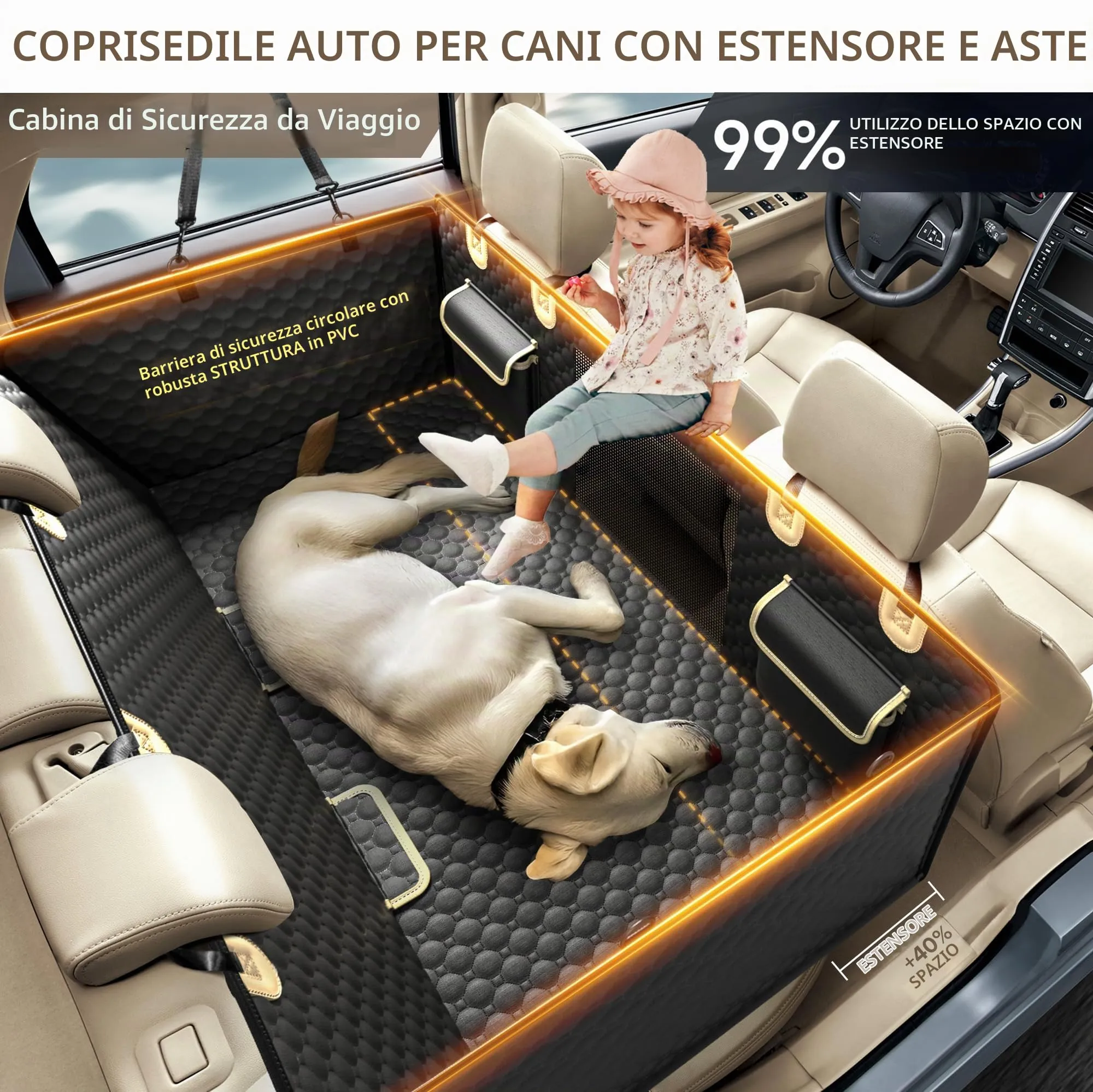 SHARLOVY Estensore per sedile posteriore per cani con fondo rigido e aste in PVC per auto, SUV e camion - immagine 2