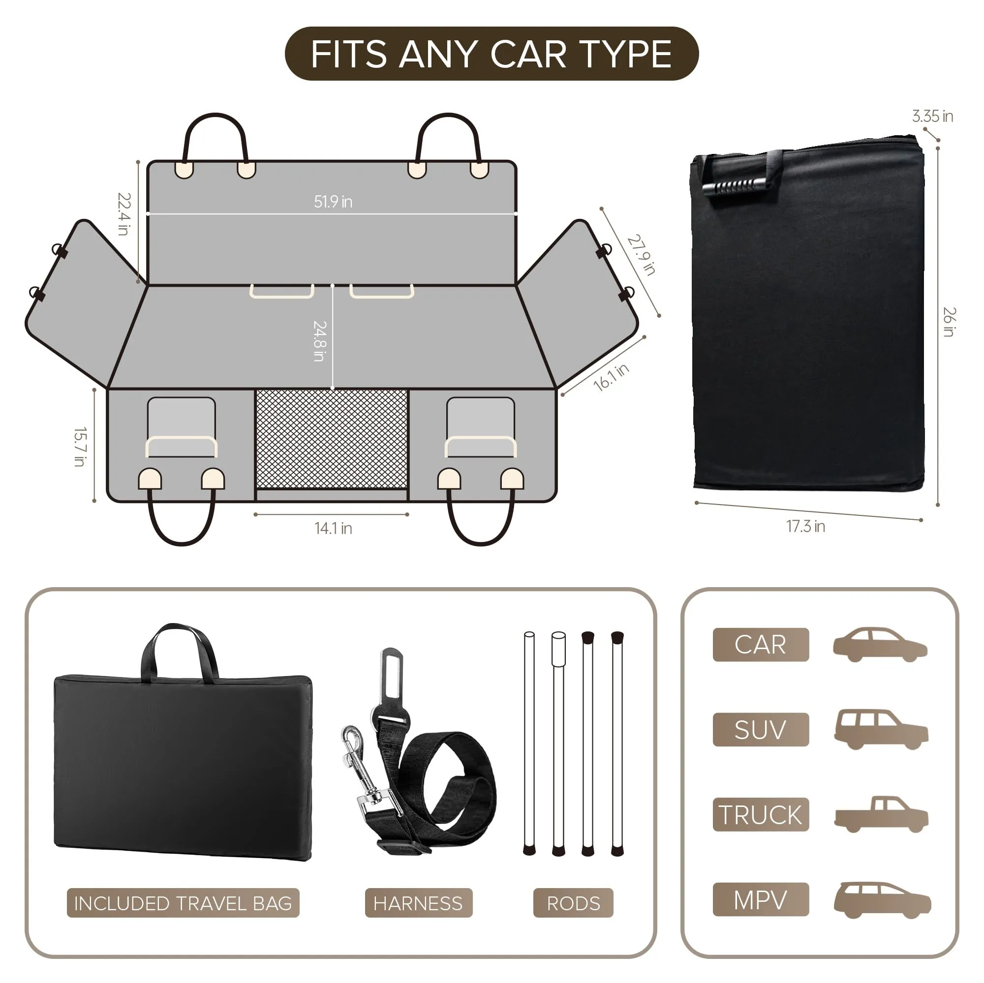 SHARLOVY Estensore per sedile posteriore per cani con fondo rigido e aste in PVC per auto, SUV e camion - immagine 7