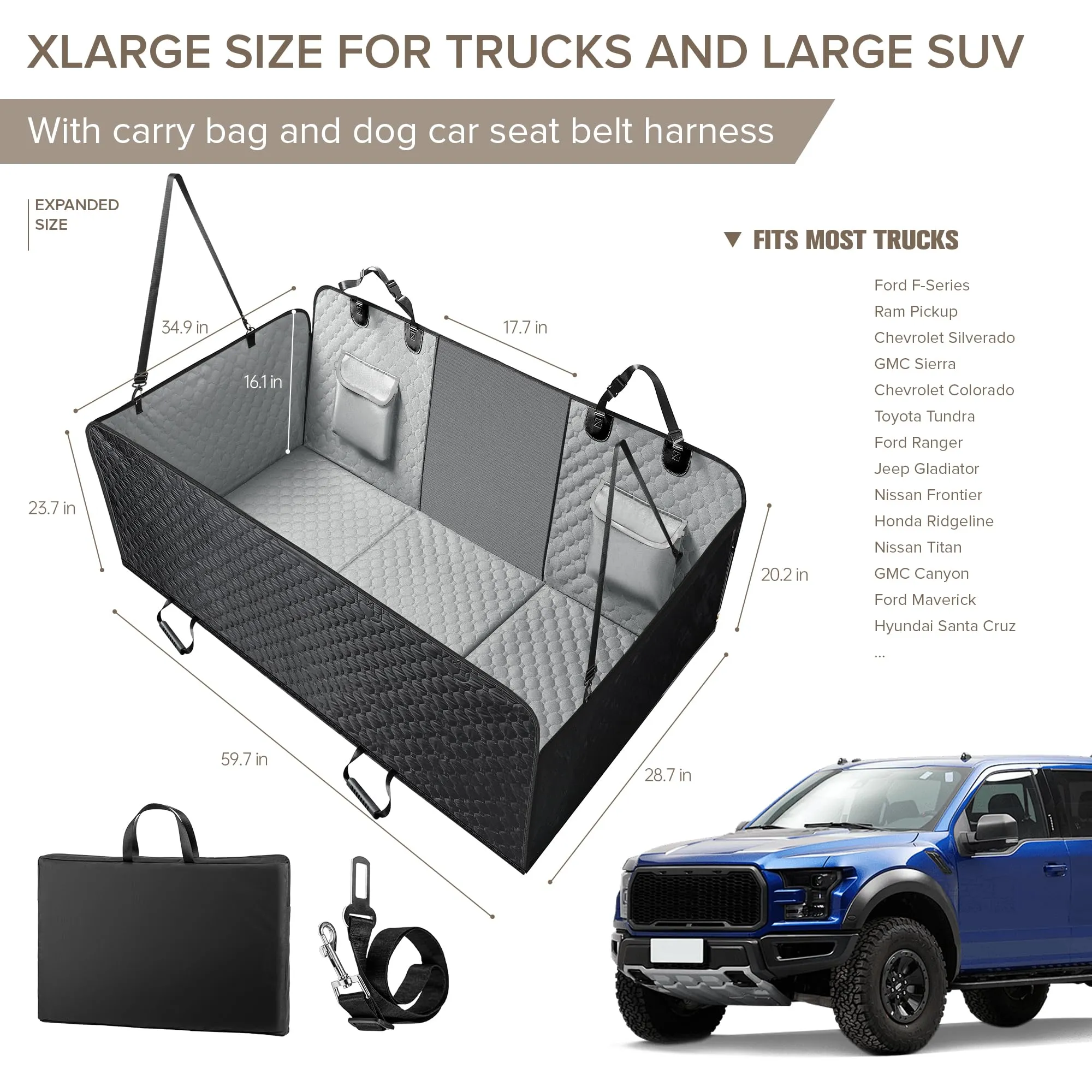 SHARLOVY XL Estensore per sedile posteriore per cani con fondo rigido, amaca impermeabile per auto, camion F150, Ram1500 e SUV di grandi dimensioni - immagine 6