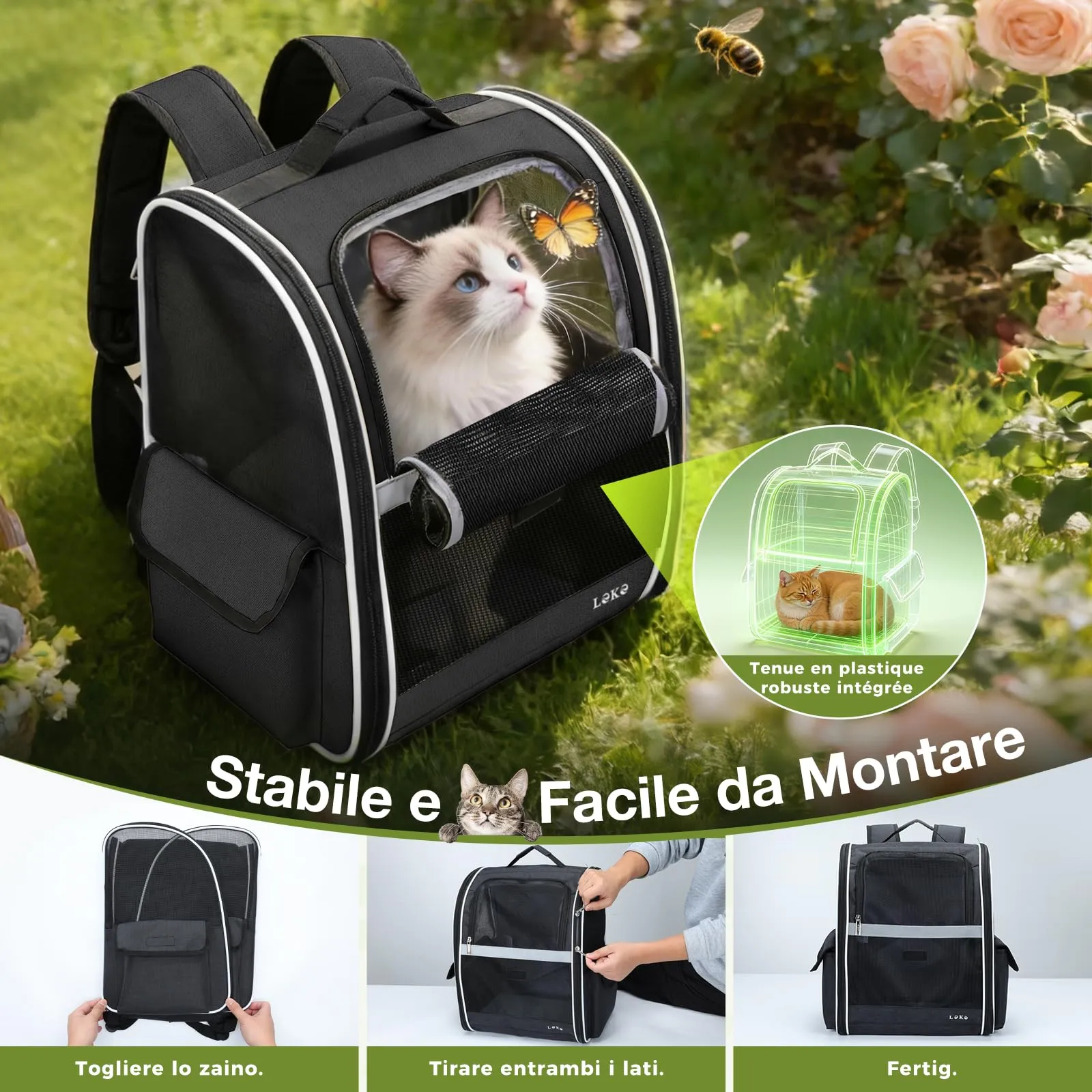 Lekesky Zaino Trasportino per Cani e Gatti, Pieghevole con Finestra in Rete, fino a 8 kg, Nero L - immagine 5