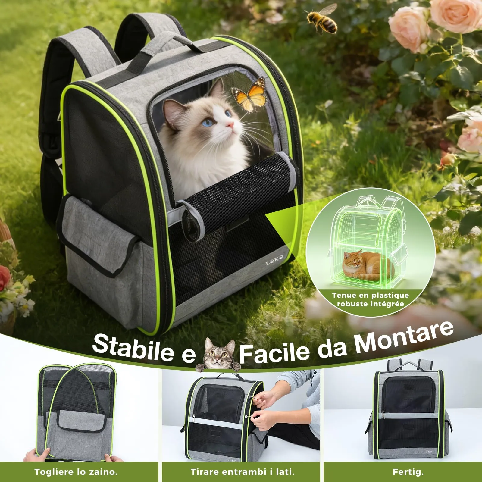 Lekesky Zaino Trasportino per Cani e Gatti, Taglia Media/Piccola, Grigio - immagine 5