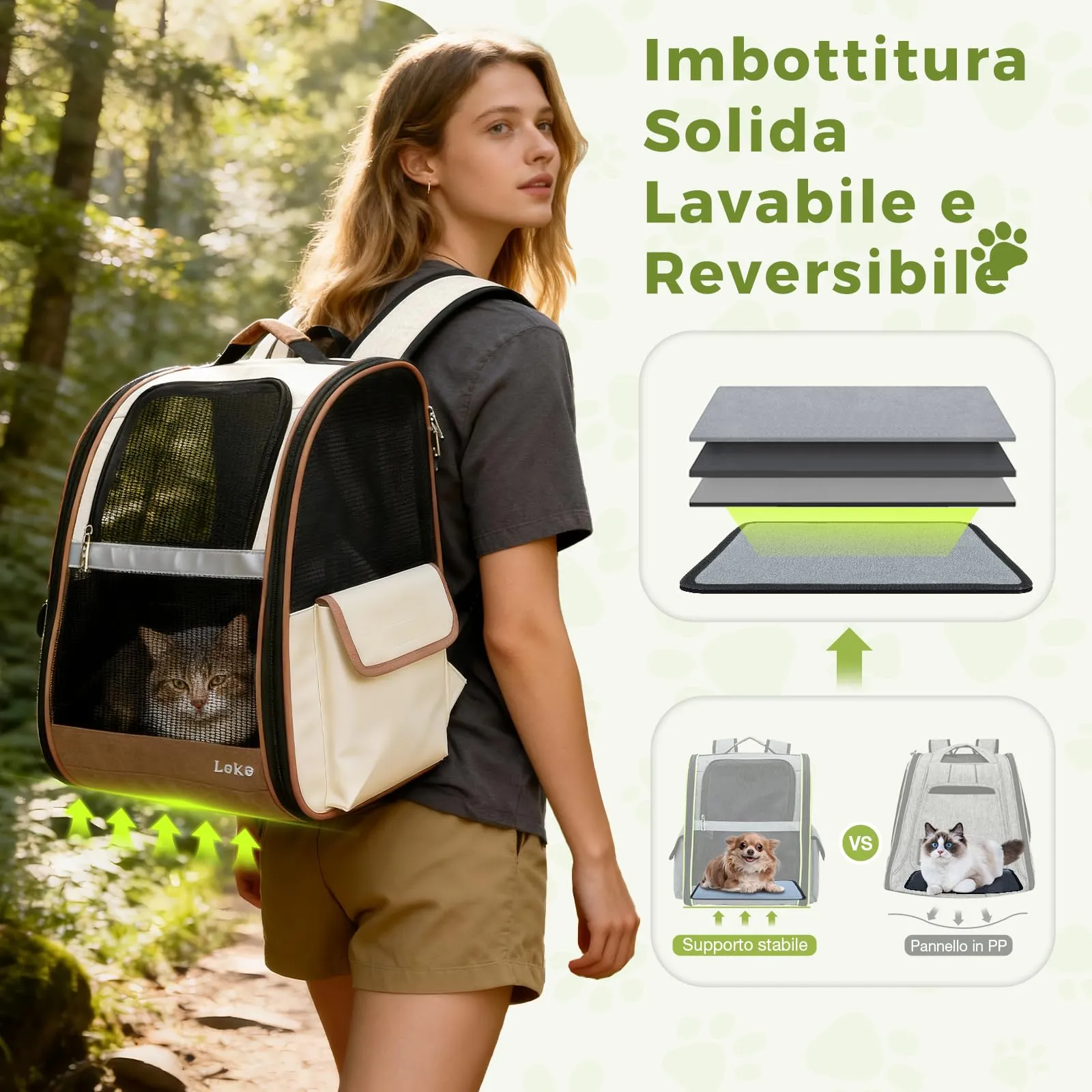 Lekesky Zaino Trasportino per Cani e Gatti, Beige, L - immagine 2