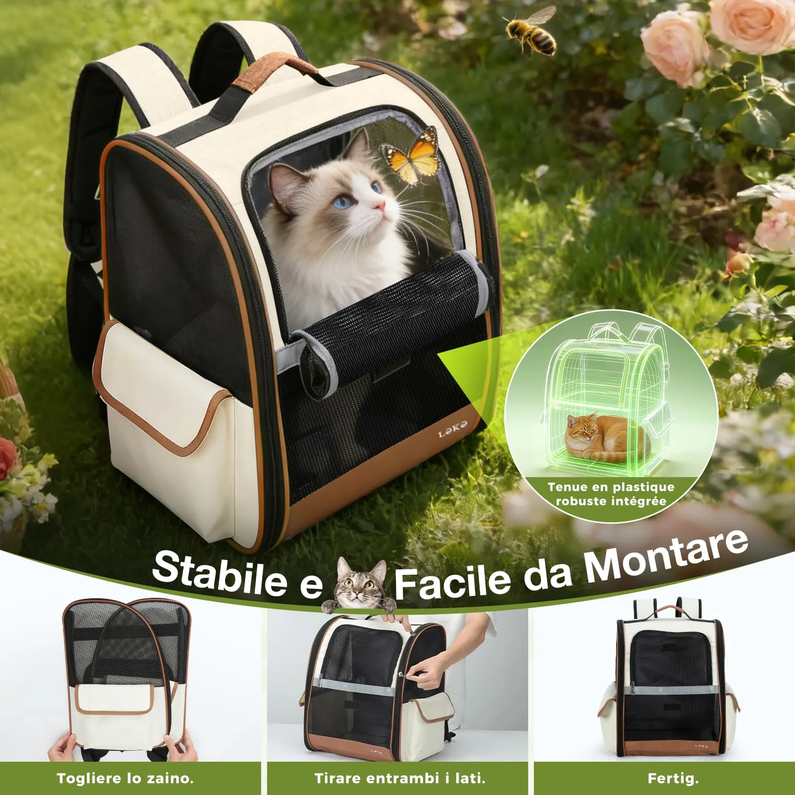 Lekesky Zaino Trasportino per Cani e Gatti, Beige, L - immagine 5