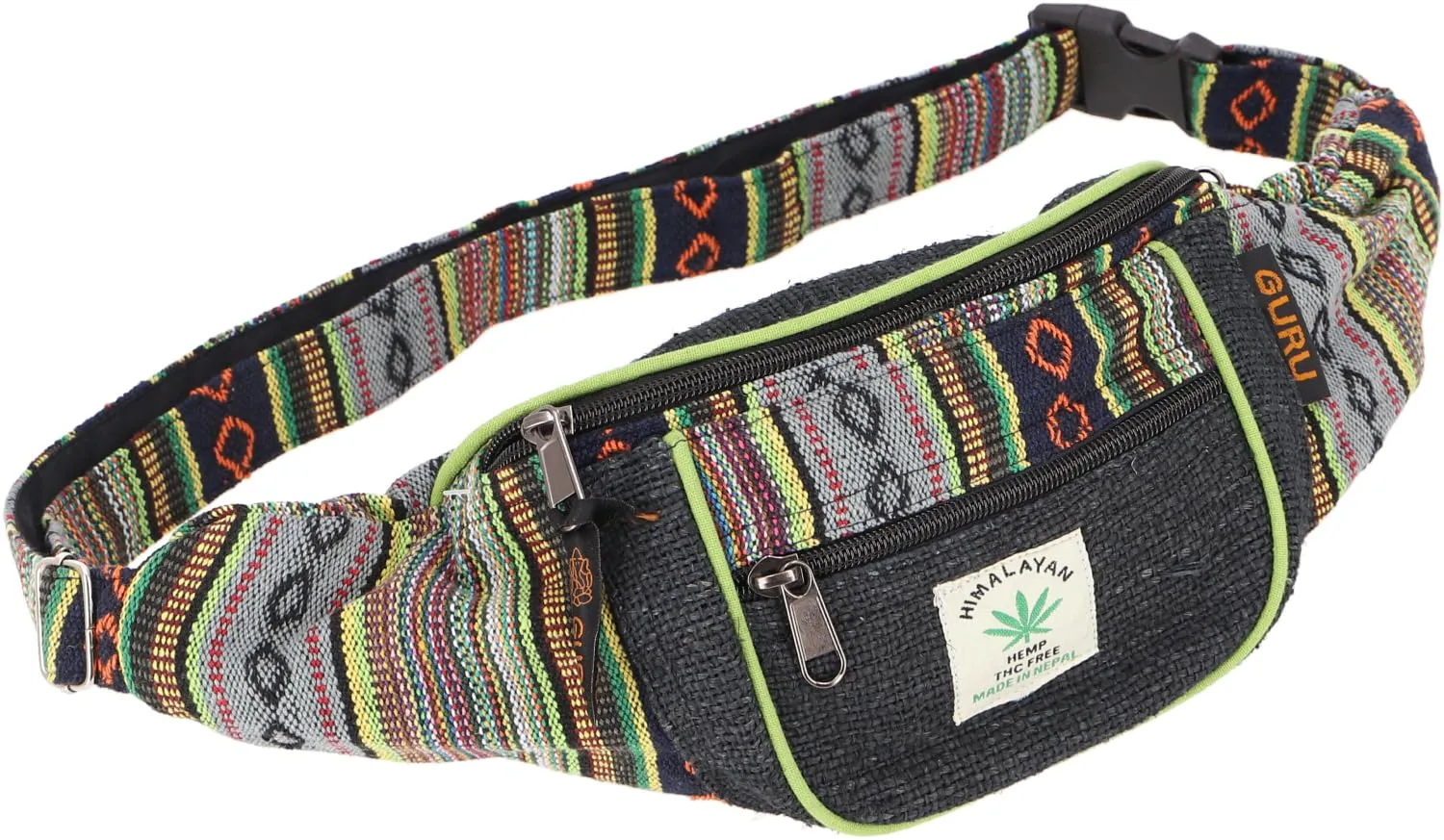 GURU SHOP Marsupio in Canapa Etnico, Borsa a Tracolla Unisex, Nero/Verde, 15 x 20 x 8 cm - immagine 1
