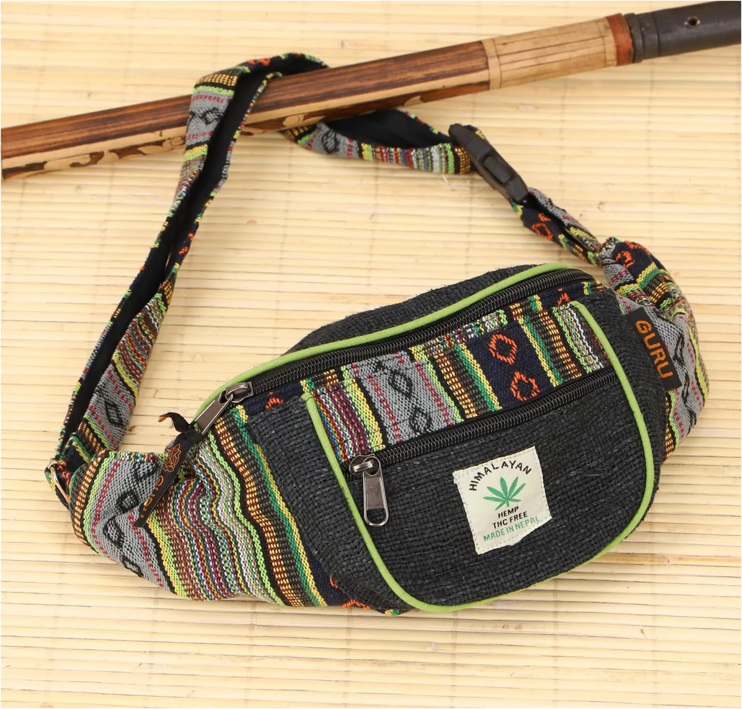 GURU SHOP Marsupio in Canapa Etnico, Borsa a Tracolla Unisex, Nero/Verde, 15 x 20 x 8 cm - immagine 4