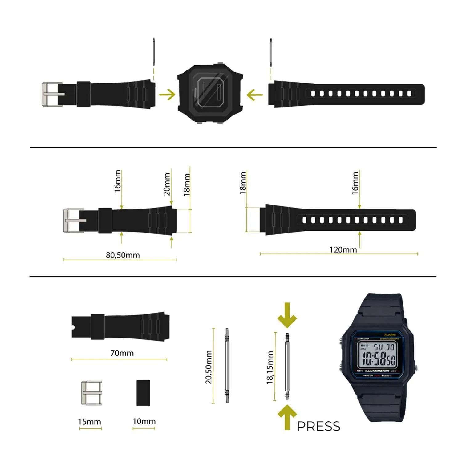 OcioDual Cinturino di Ricambio in Gomma Resina per Casio F91W F-91W, Nero - immagine 6