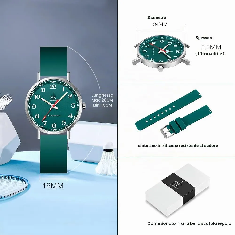 SHENGKE K0166L Orologio da donna ultra sottile per professionisti medici, cinturino in silicone (Green) - immagine 5