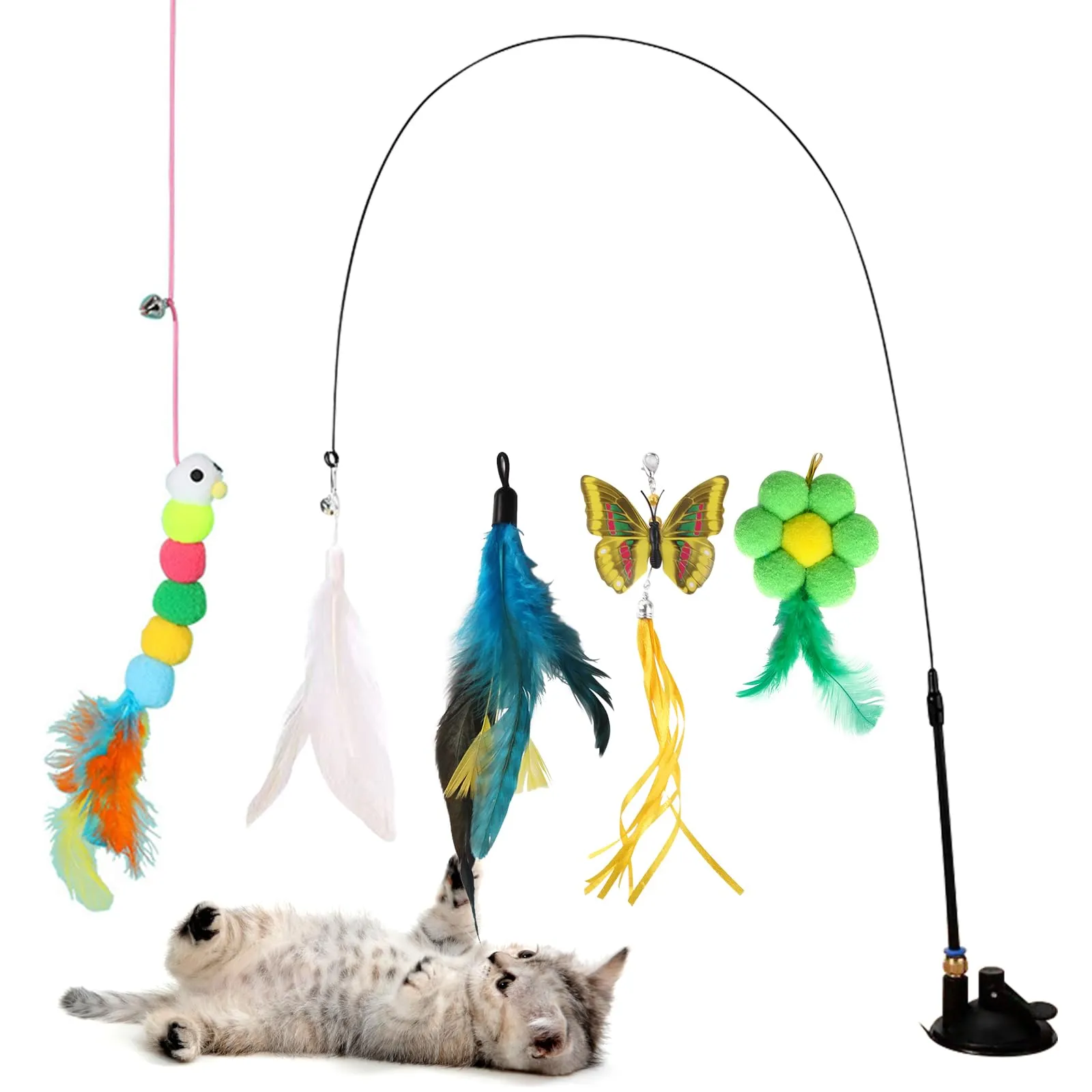 RICHDMI Giochi Interattivi con Piume per Gatti, 5 Pezzi con Campana e Ventosa - immagine 1