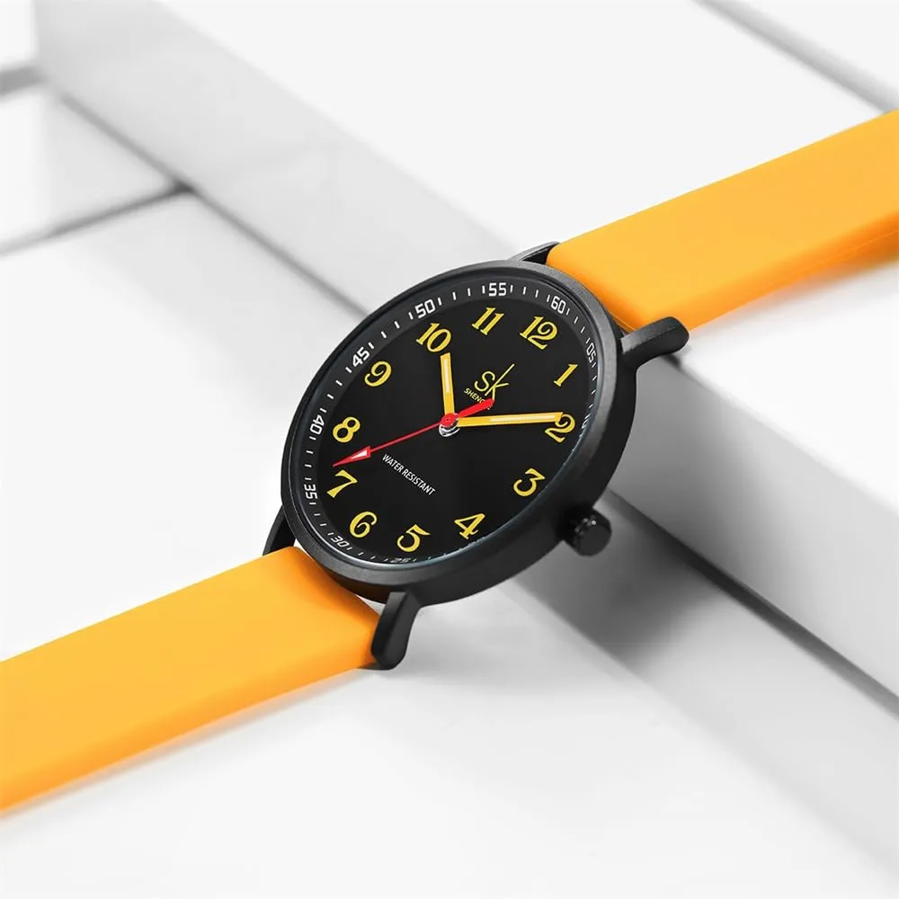 SHENGKE Orologio da donna ultra sottile per professionisti medici, cinturino in silicone (Black-Yellow) - immagine 3