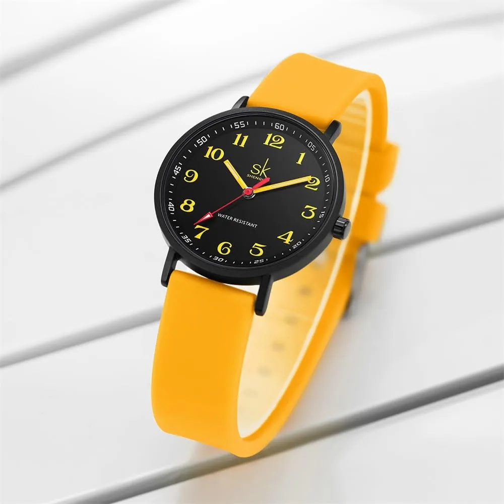 SHENGKE Orologio da donna ultra sottile per professionisti medici, cinturino in silicone (Black-Yellow) - immagine 4