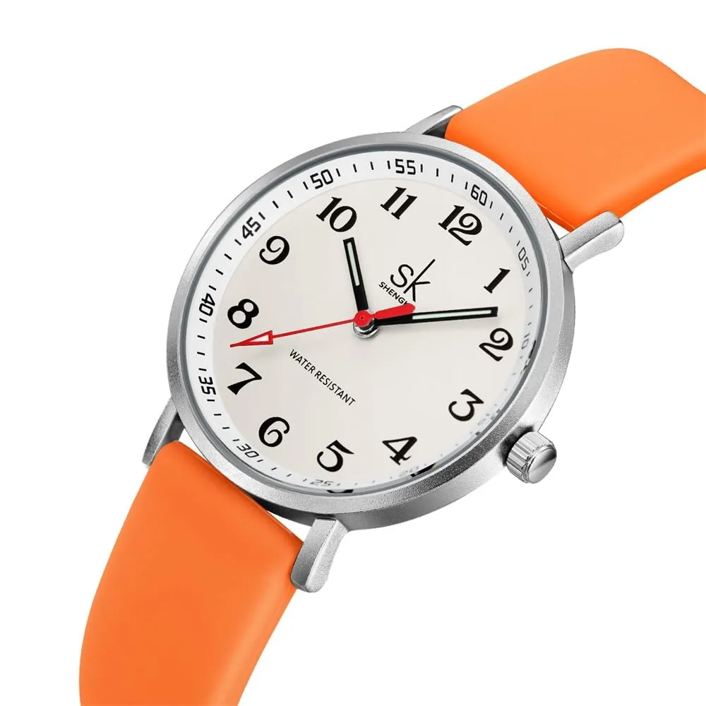 SHENGKE Orologio da donna ultra sottile per professionisti medici e infermieri, cinturino in silicone, Silver-Orange - immagine 2
