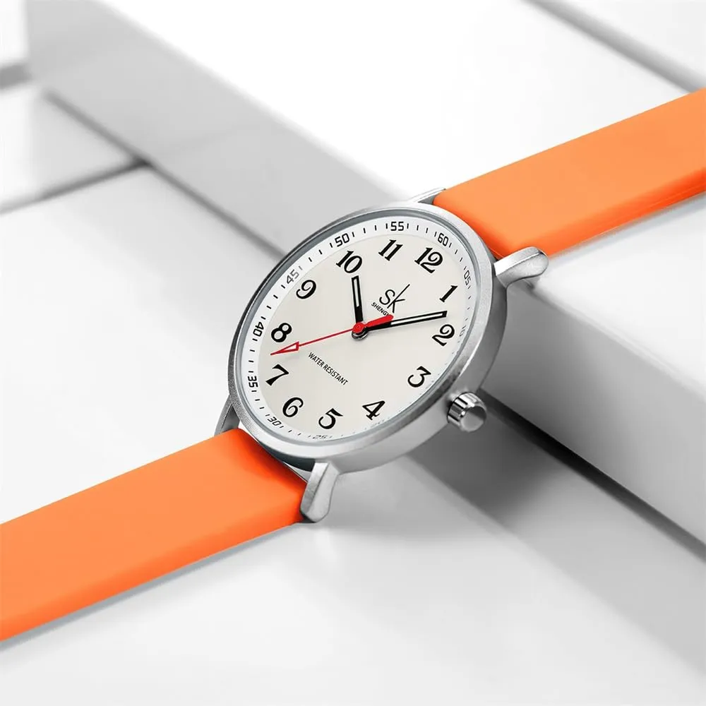 SHENGKE Orologio da donna ultra sottile per professionisti medici e infermieri, cinturino in silicone, Silver-Orange - immagine 3