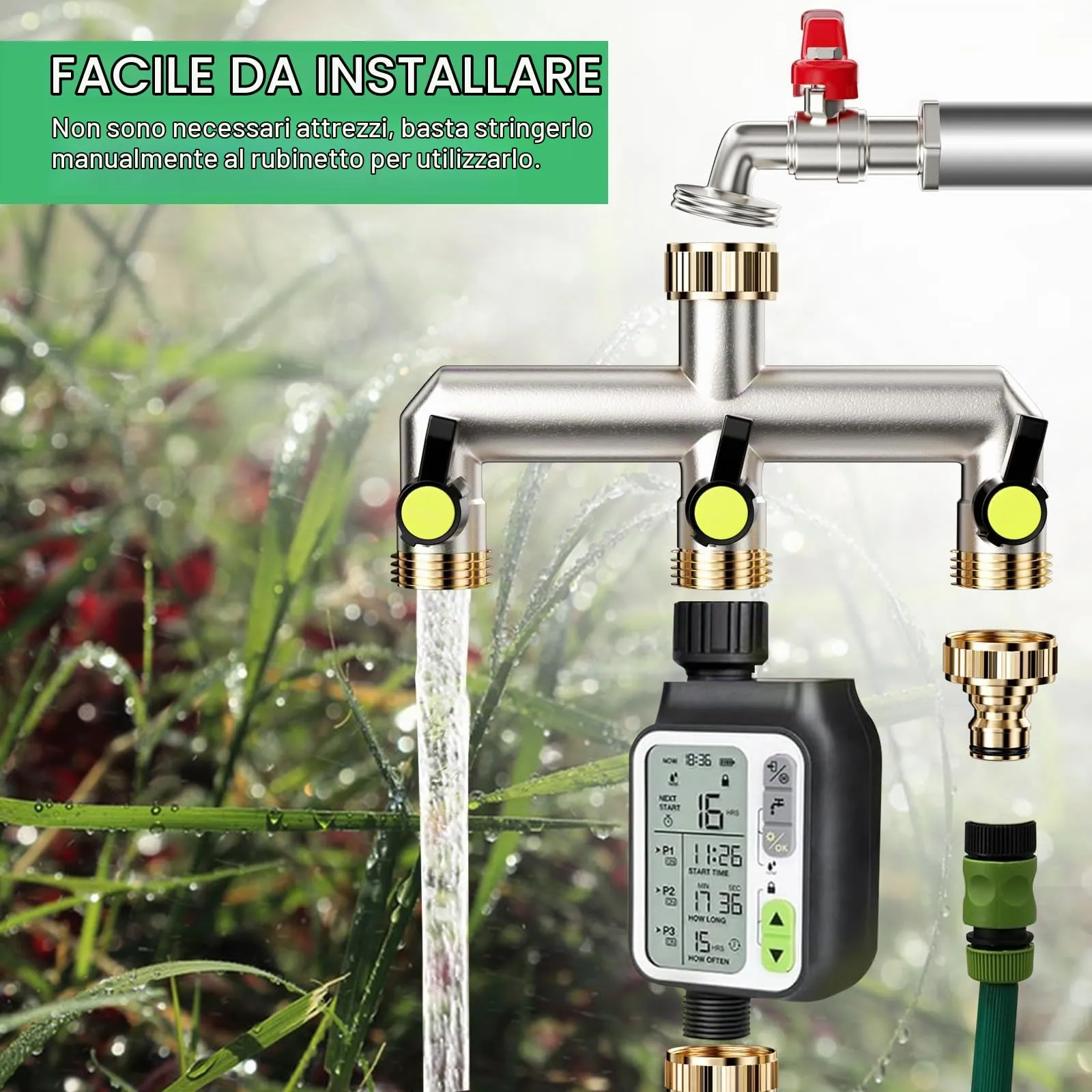 Maxentico Sdoppiatore Rubinetto Giardino a 3 Vie in Ottone, 3/4" BSP - immagine 3