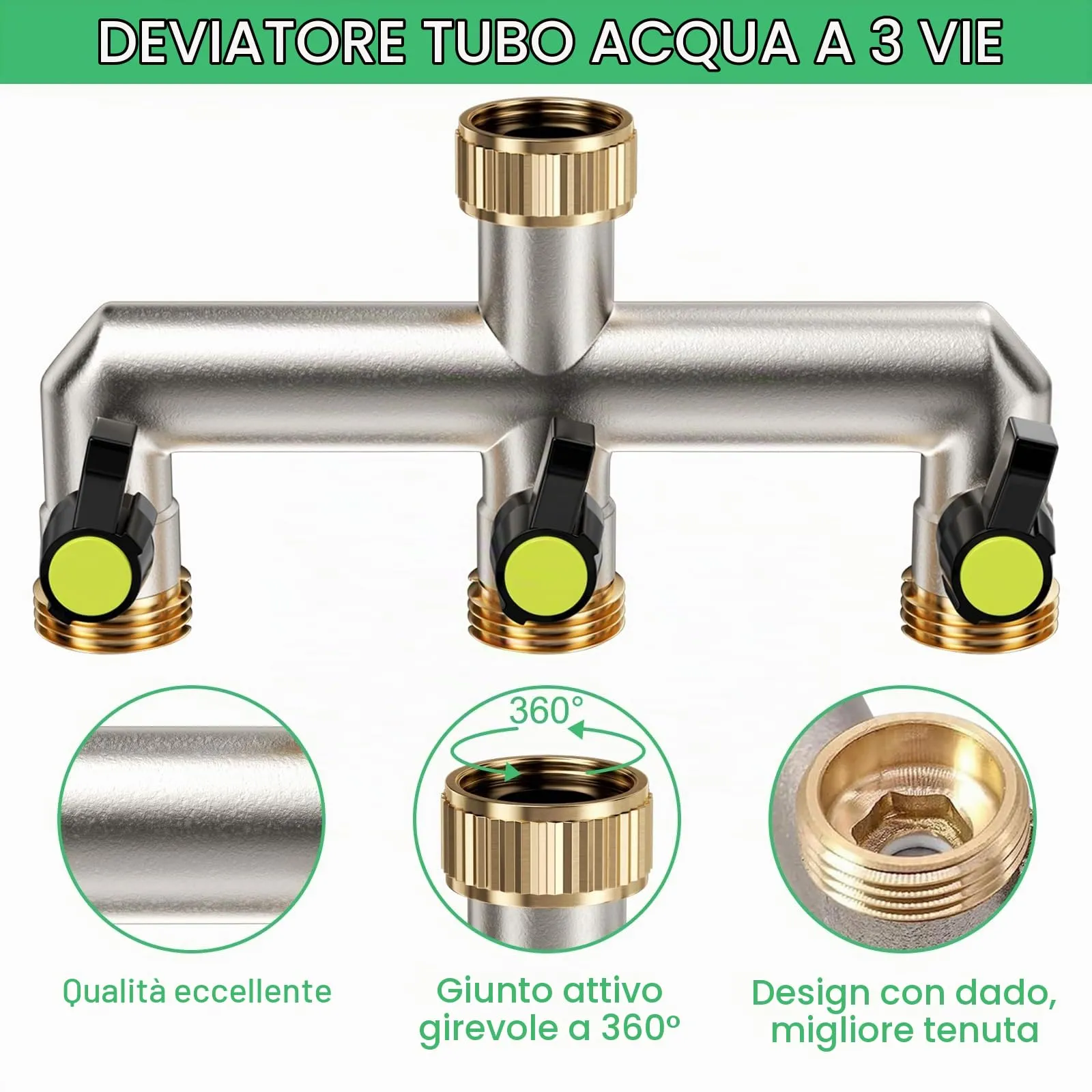 Maxentico Sdoppiatore Rubinetto Giardino a 3 Vie in Ottone, 3/4" BSP - immagine 4