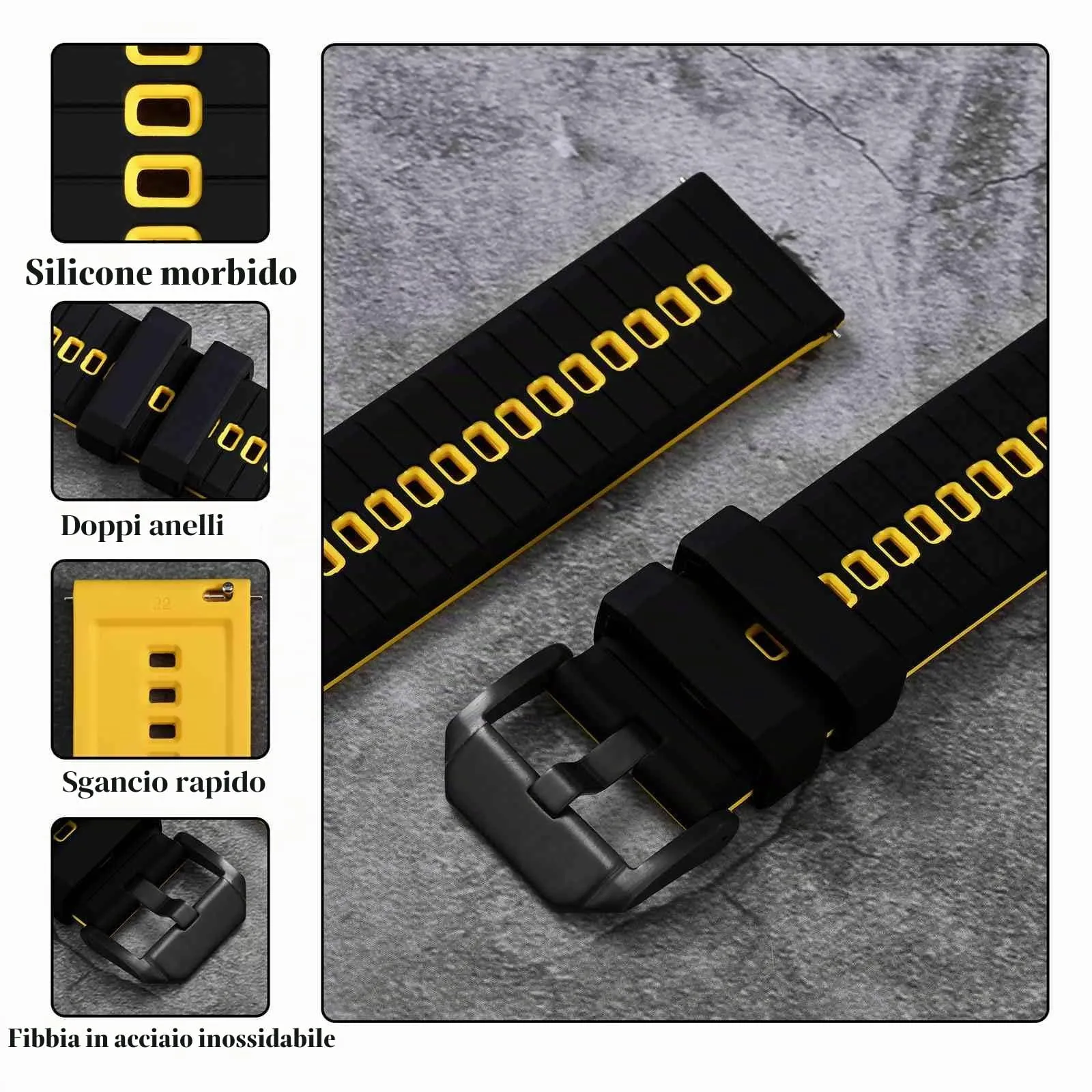 ANBEER Cinturino in silicone 18mm a sgancio rapido, Nero&Giallo con fibbia nera - immagine 4