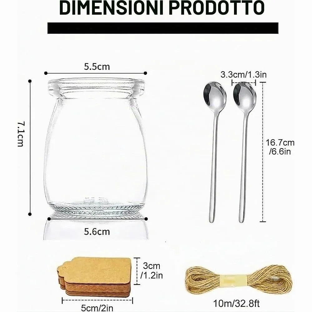 Ruikcoll Vasetti in Vetro per Yogurt e Dessert 200 ml, Set da 12 Pezzi con Tappi PE, Etichette Kraft e Cucchiai Dorati - immagine 2