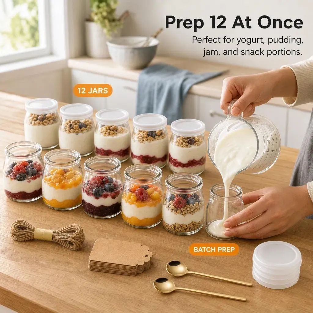 Ruikcoll Vasetti in Vetro per Yogurt e Dessert 200 ml, Set da 12 Pezzi con Tappi PE, Etichette Kraft e Cucchiai Dorati - immagine 3