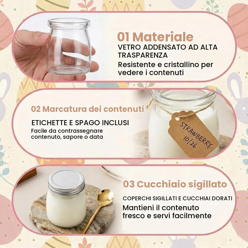 Ruikcoll Vasetti in Vetro per Yogurt e Dessert 200 ml, Set da 12 Pezzi con Tappi PE, Etichette Kraft e Cucchiai Dorati - immagine 4