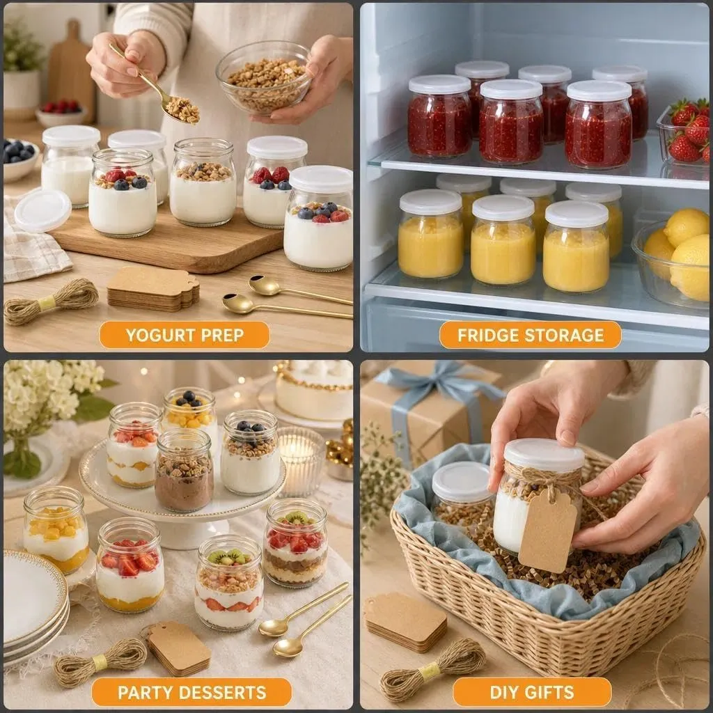 Ruikcoll Vasetti in Vetro per Yogurt e Dessert 200 ml, Set da 12 Pezzi con Tappi PE, Etichette Kraft e Cucchiai Dorati - immagine 7