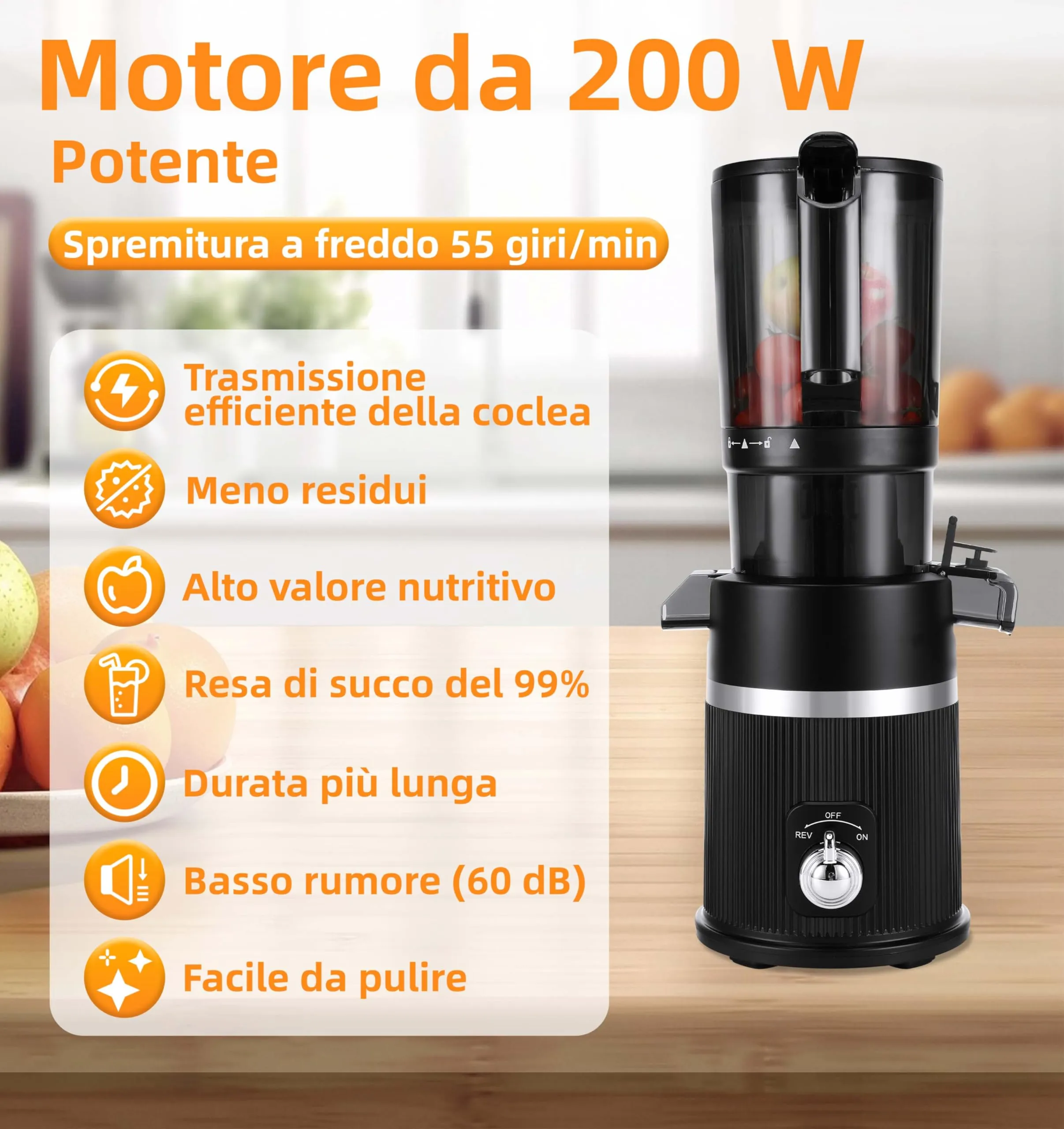 Dreamhigh Spremiagrumi Elettrico Professionale 200W, Slow Juicer con Bocca da 112mm, Senza BPA - immagine 3