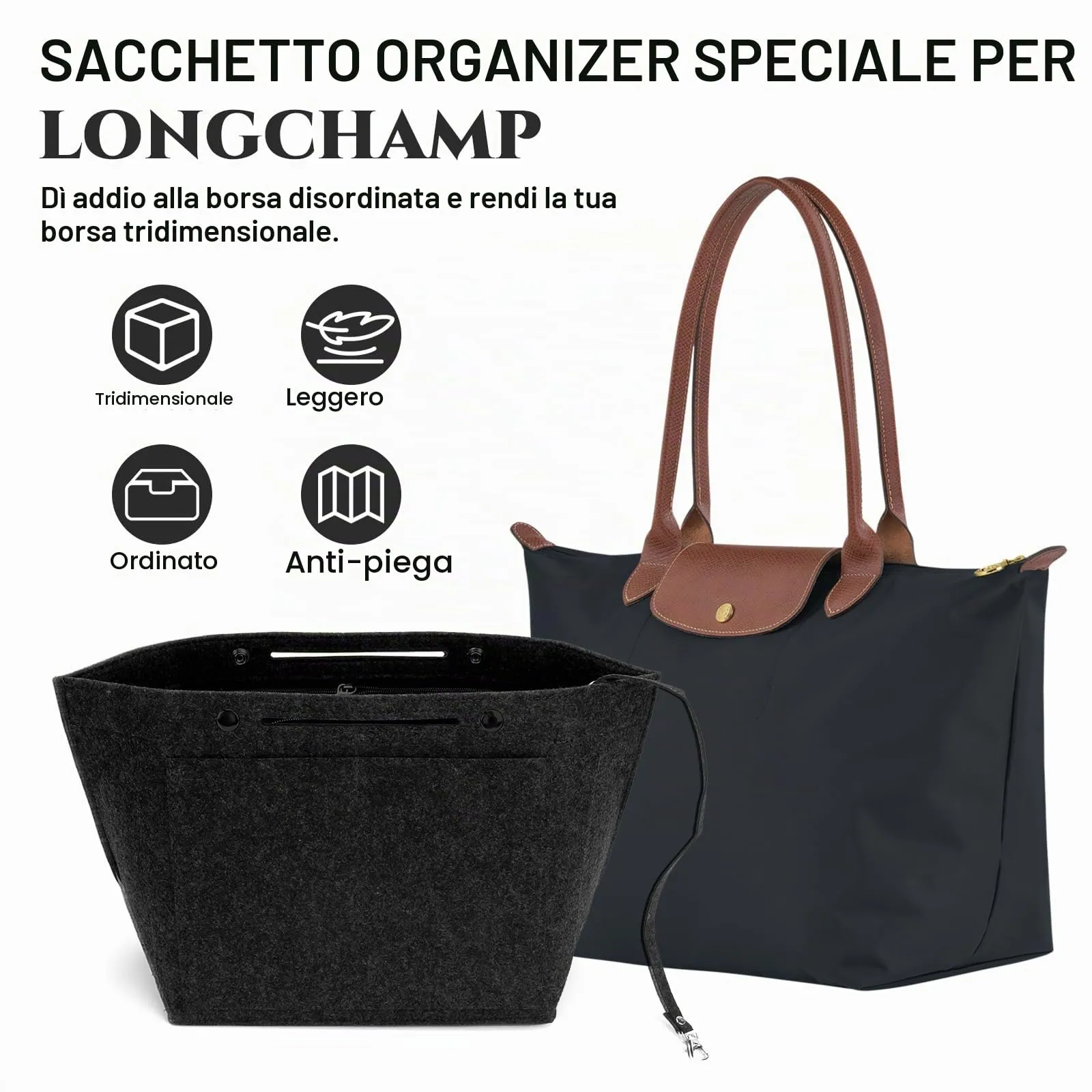 AIDUCHO Organizer da Borse in Feltro per Longchamp, Nero, M - immagine 6