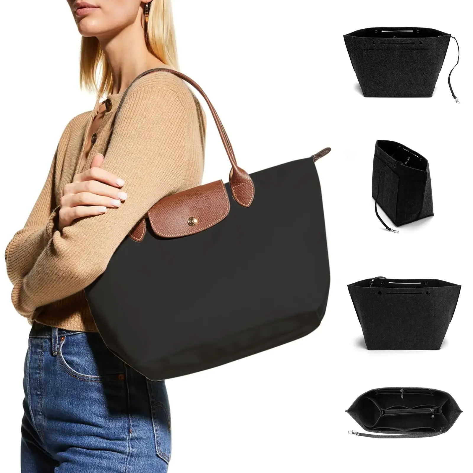 AIDUCHO Organizer da Borse in Feltro per Longchamp, Nero, M - immagine 7