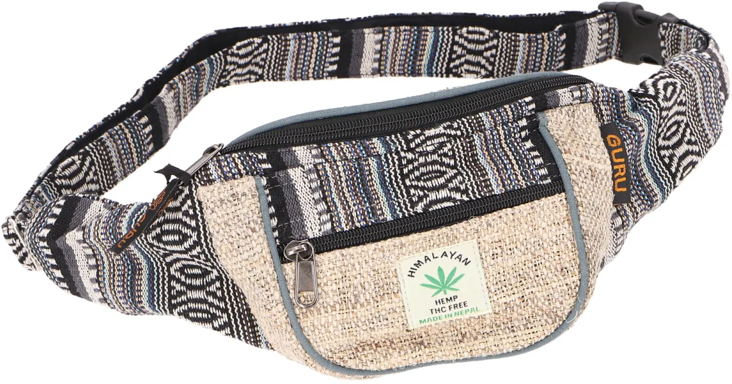 GURU SHOP Marsupio in Canapa Etnico, Borsa a Tracolla Unisex, 15 x 20 x 8 cm, Naturale/Nero - immagine 1