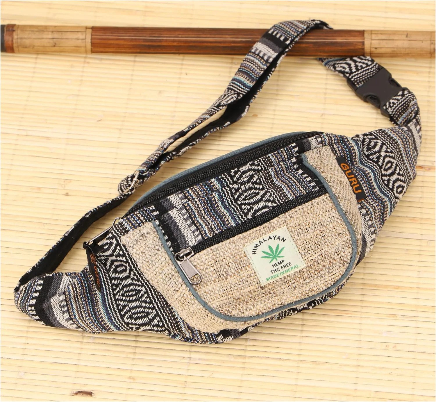 GURU SHOP Marsupio in Canapa Etnico, Borsa a Tracolla Unisex, 15 x 20 x 8 cm, Naturale/Nero - immagine 3