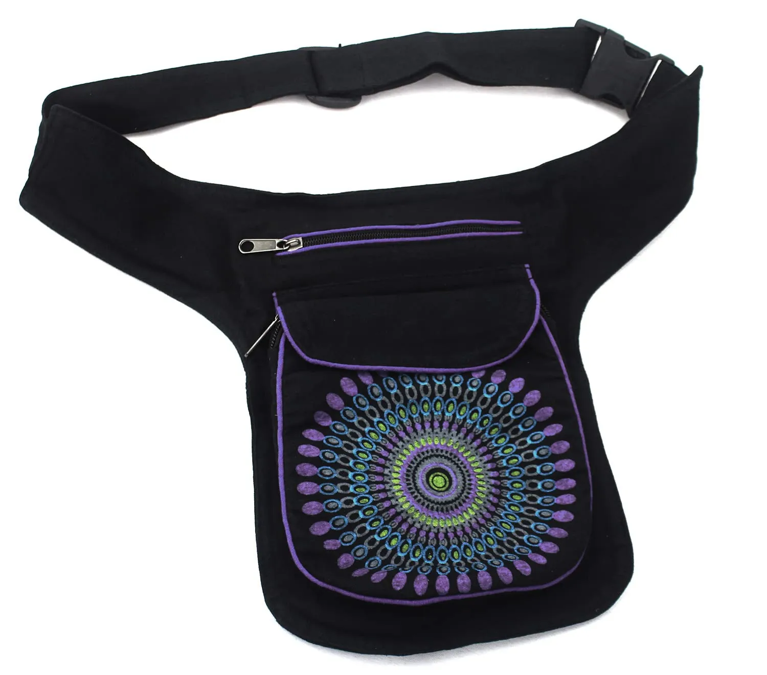 Furein Marsupio in tessuto casual con motivi etnici, 3 tasche con chiusura a zip, tracolla regolabile, 18 x 16 x 3 cm, Mb-1 Viola - immagine 1