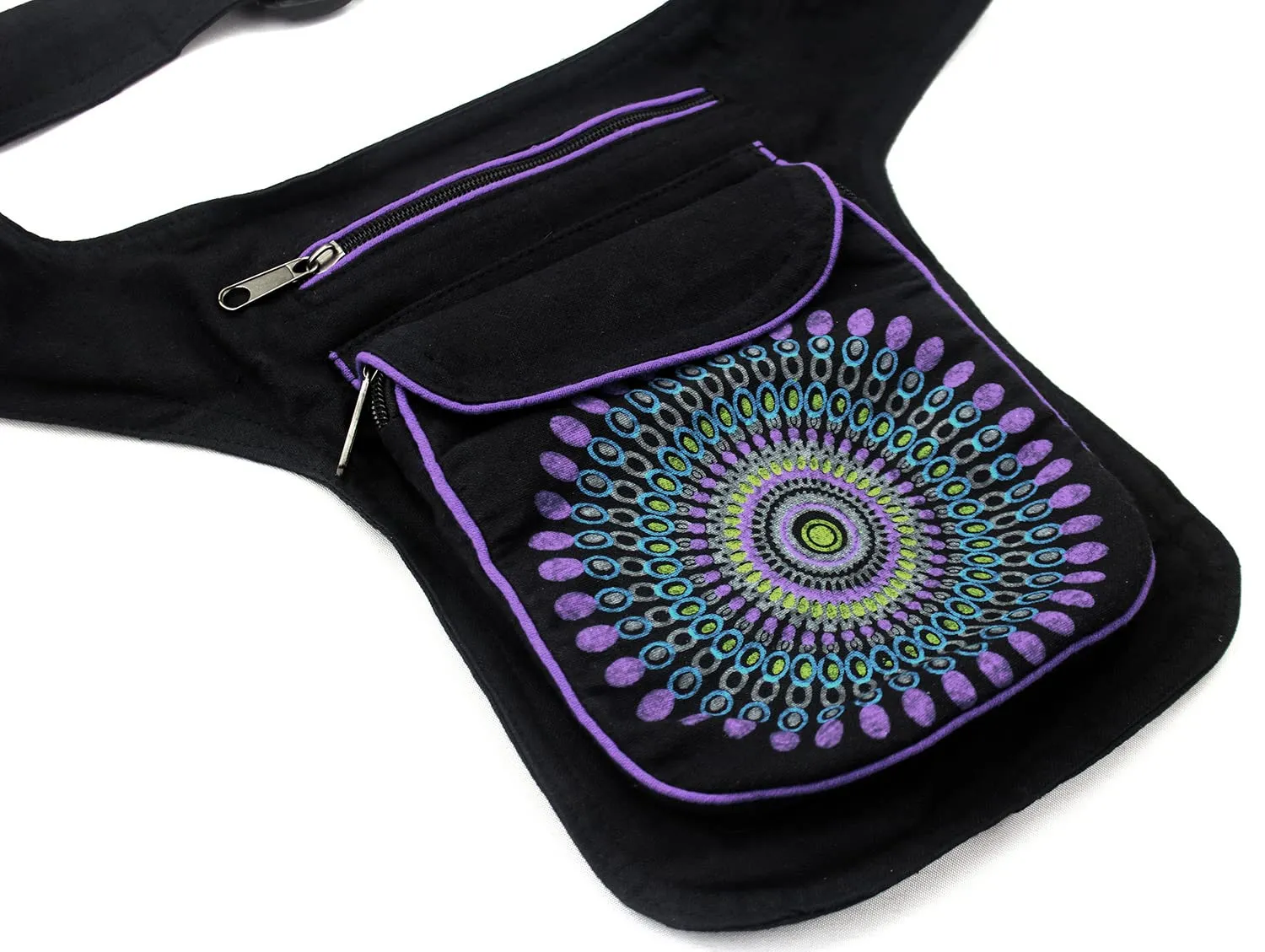 Furein Marsupio in tessuto casual con motivi etnici, 3 tasche con chiusura a zip, tracolla regolabile, 18 x 16 x 3 cm, Mb-1 Viola - immagine 2