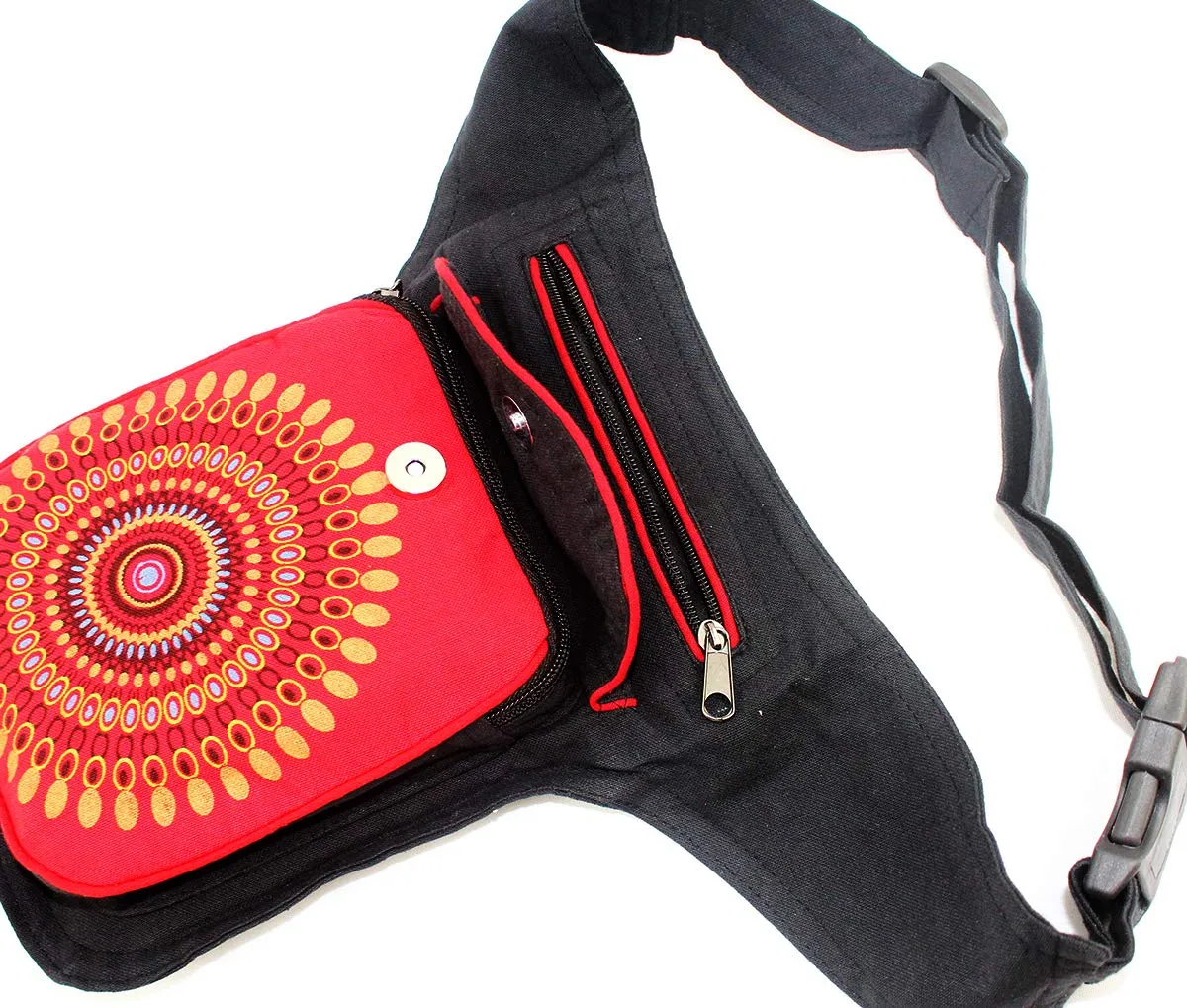 Furein Marsupio in Tessuto con Motivi Etnici, 3 Tasche con Chiusura a Zip, Tracolla Regolabile, Nero Mb-1 Rosso - immagine 3