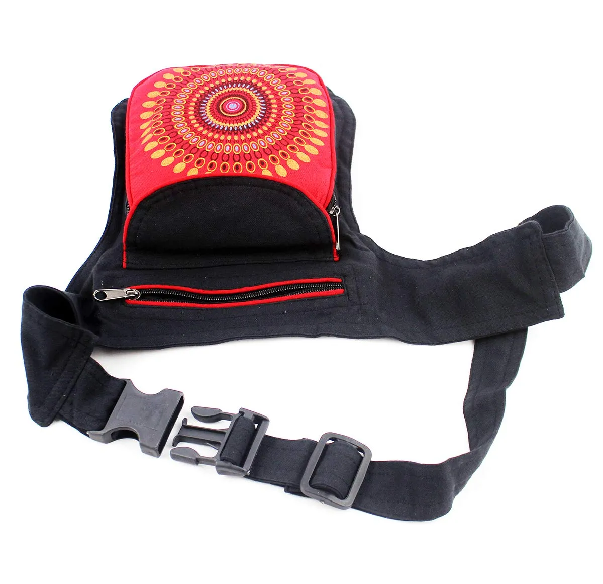 Furein Marsupio in Tessuto con Motivi Etnici, 3 Tasche con Chiusura a Zip, Tracolla Regolabile, Nero Mb-1 Rosso - immagine 4